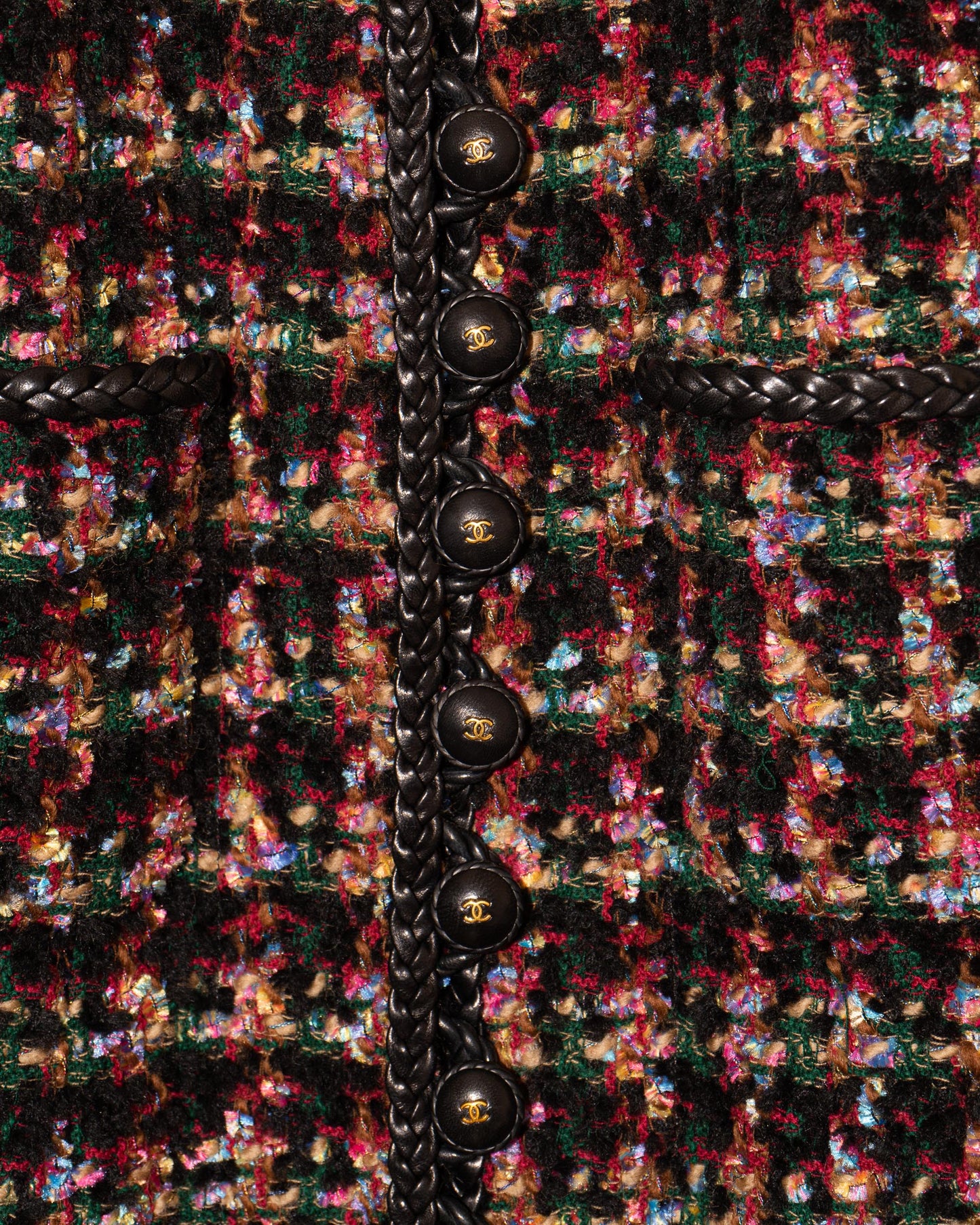 FR38-40 Rare Chanel Fall 1992 Four Pocket Leather Trim Fantasy Tweed Coat - Vintage Chanel Jacket - Jacket - Rarchive.