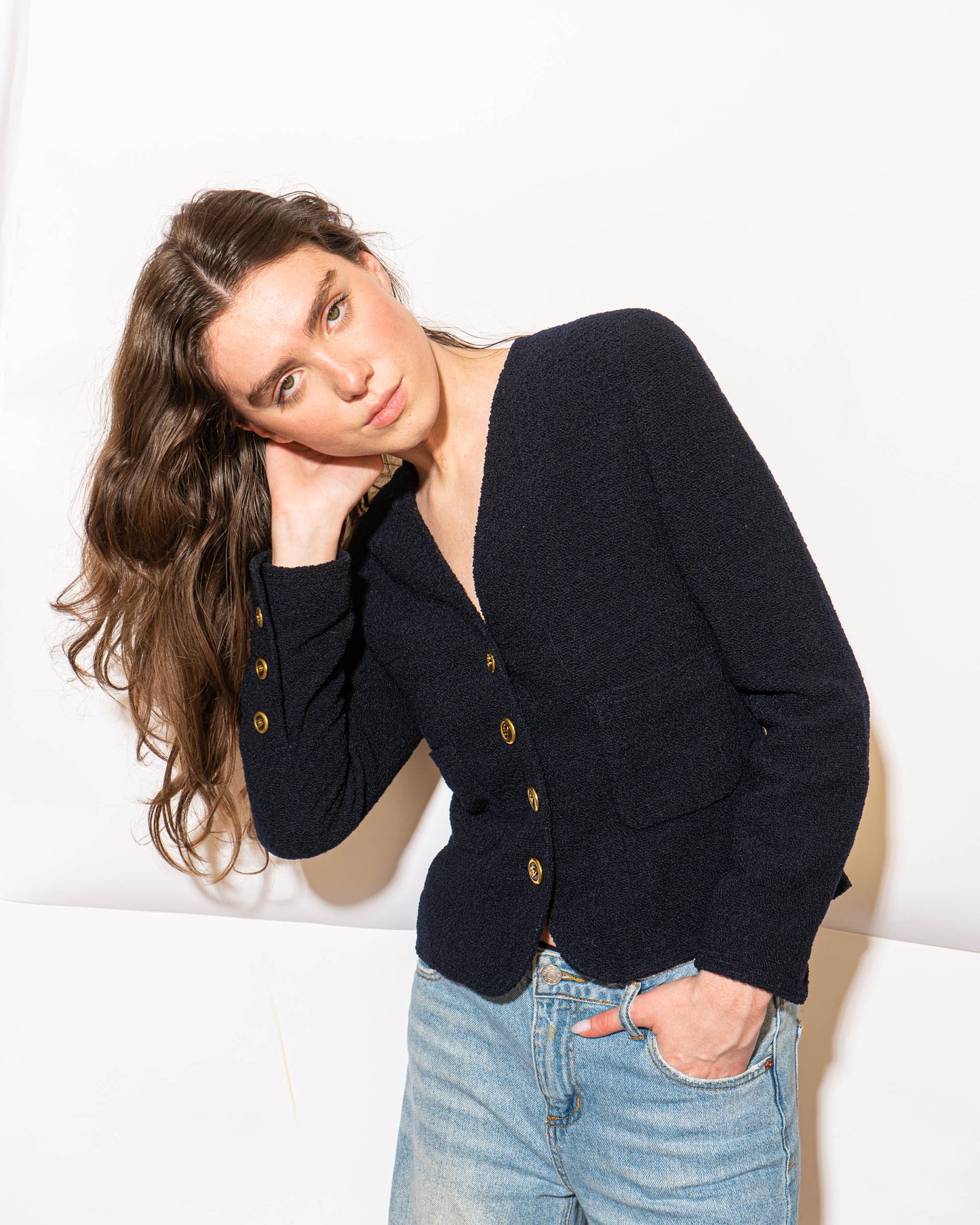 FR34-36 Chanel Spring 1993 Two Pocket Navy Tweed Boucle Jacket - Vintage Chanel Jacket - Jacket - Rarchive.