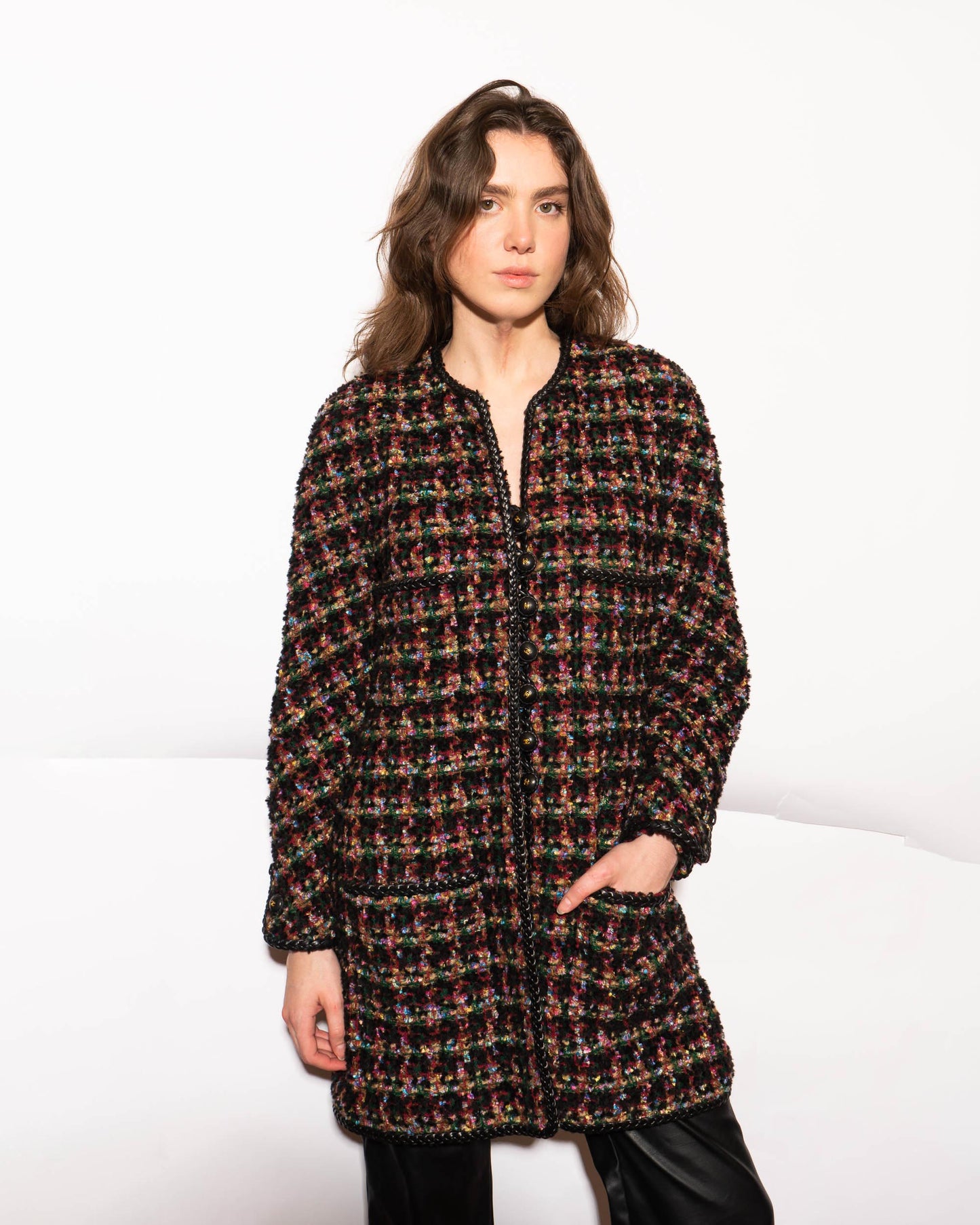 FR38-40 Rare Chanel Fall 1992 Four Pocket Leather Trim Fantasy Tweed Coat - Vintage Chanel Jacket - Jacket - Rarchive.
