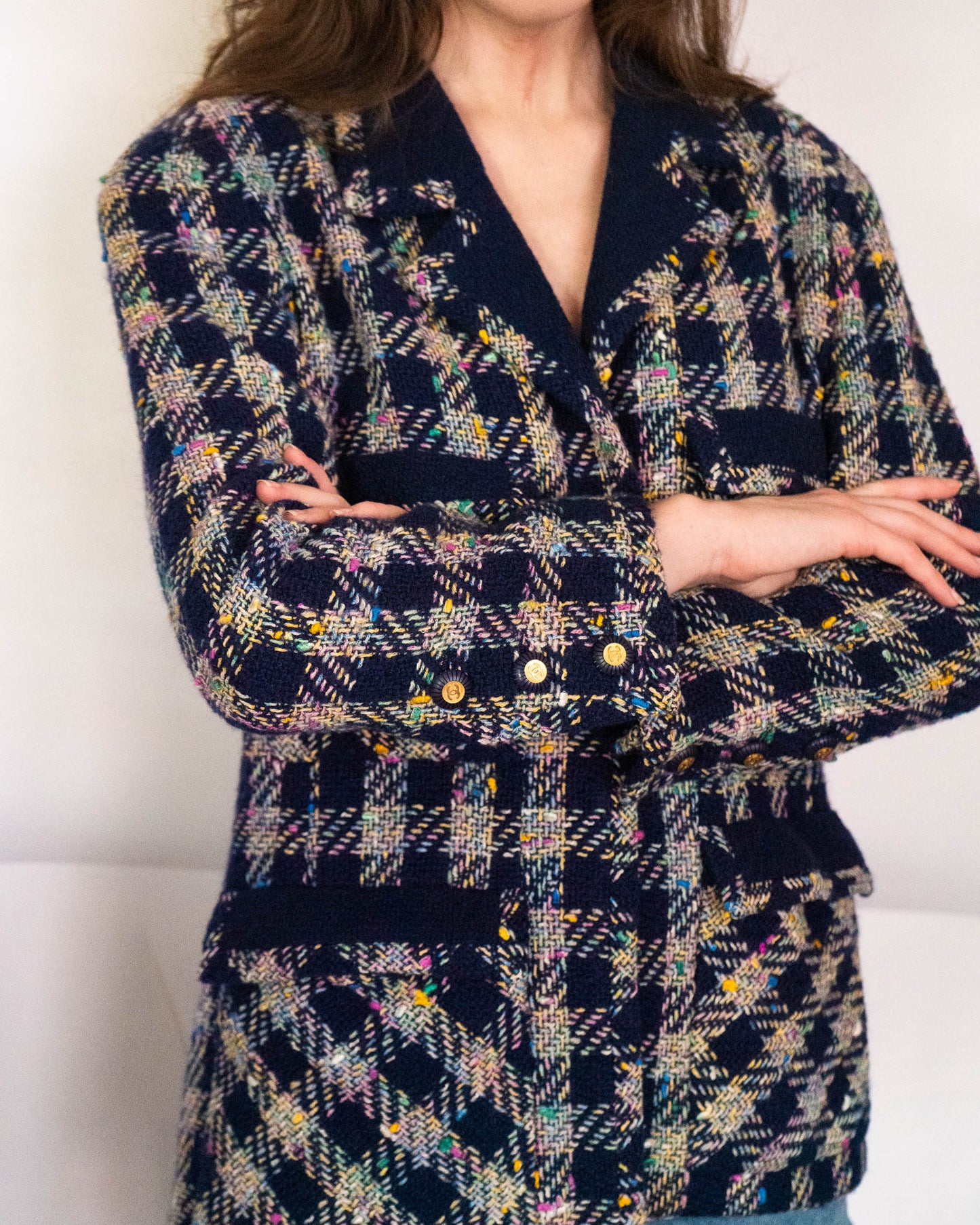 FR40-42 Rare Chanel Spring 1993 Four Pocket Navy Base with Multicolor Thread Tweed Jacket - Vintage Chanel Jacket - Jacket - Rarchive.