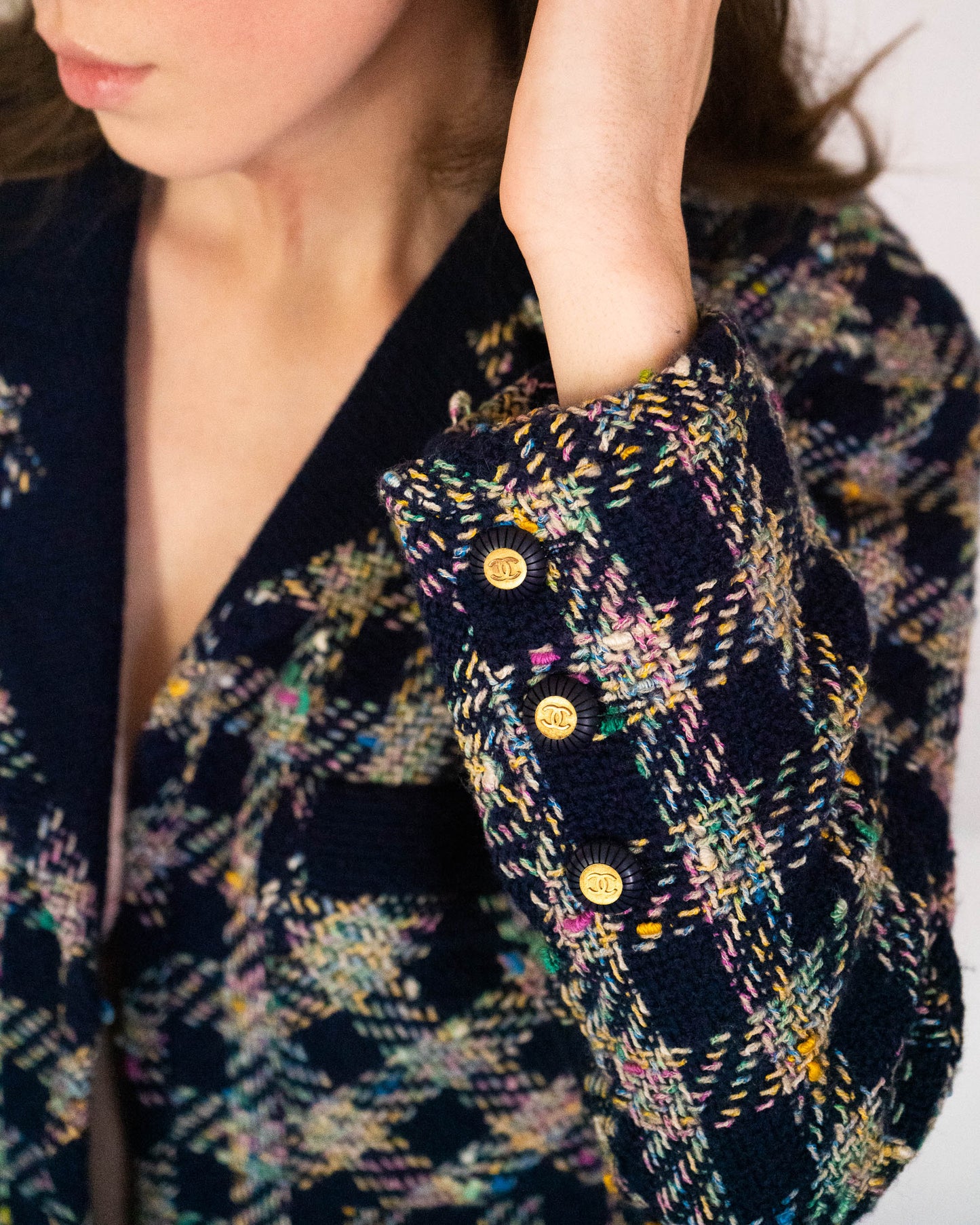 FR40-42 Rare Chanel Spring 1993 Four Pocket Navy Base with Multicolor Thread Tweed Jacket - Vintage Chanel Jacket - Jacket - Rarchive.