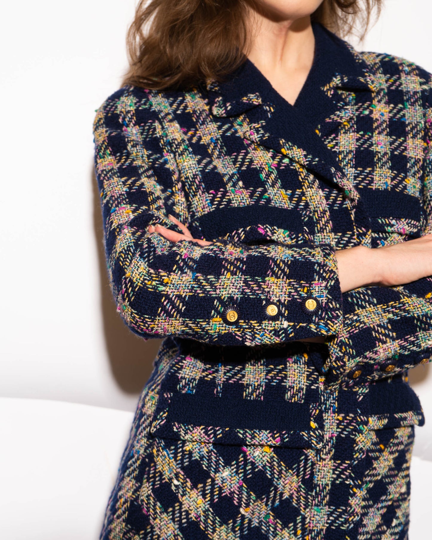 FR40-42 Rare Chanel Spring 1993 Four Pocket Navy Base with Multicolor Thread Tweed Jacket - Vintage Chanel Jacket - Jacket - Rarchive.