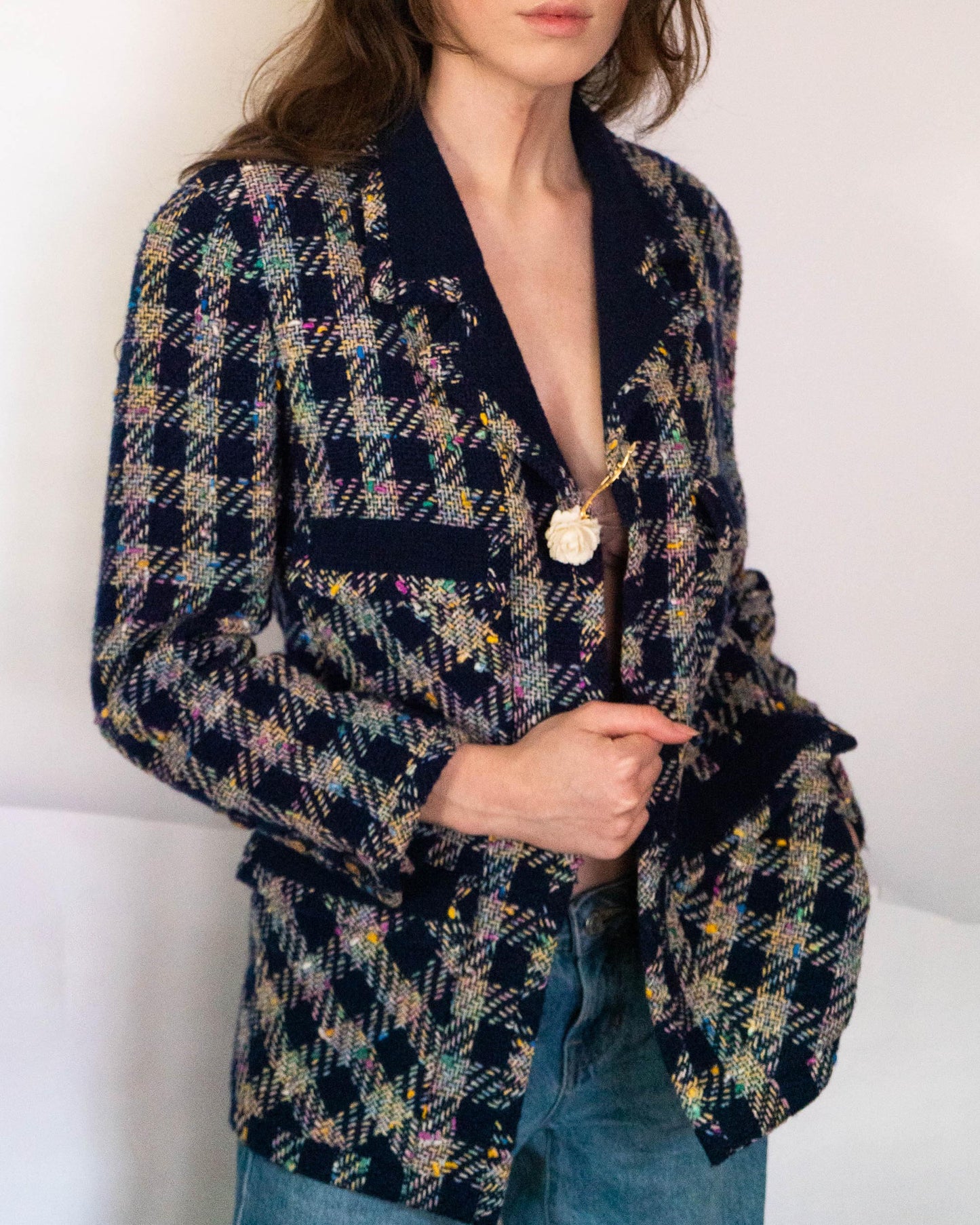 FR40-42 Rare Chanel Spring 1993 Four Pocket Navy Base with Multicolor Thread Tweed Jacket - Vintage Chanel Jacket - Jacket - Rarchive.