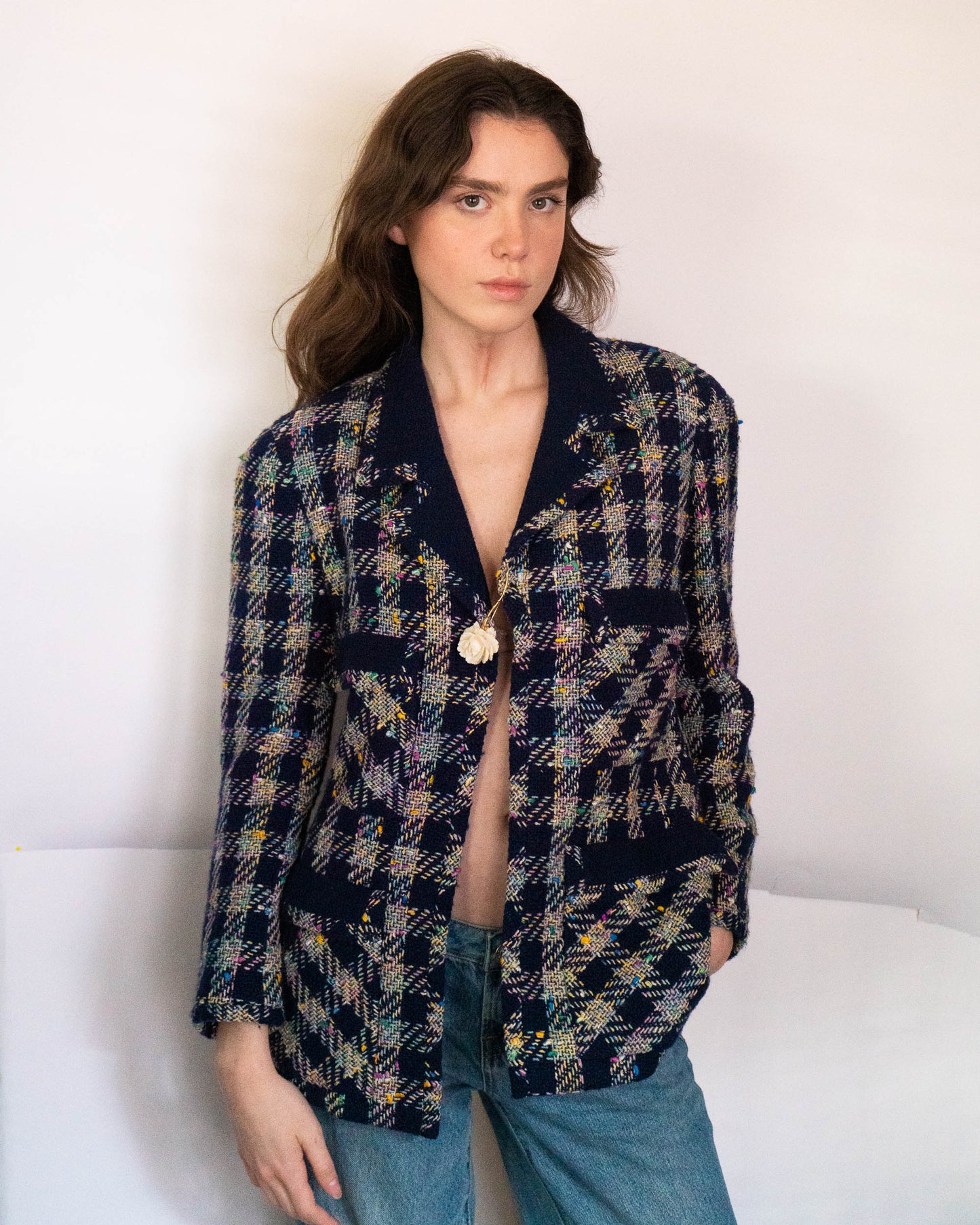 FR40-42 Rare Chanel Spring 1993 Four Pocket Navy Base with Multicolor Thread Tweed Jacket - Vintage Chanel Jacket - Jacket - Rarchive.