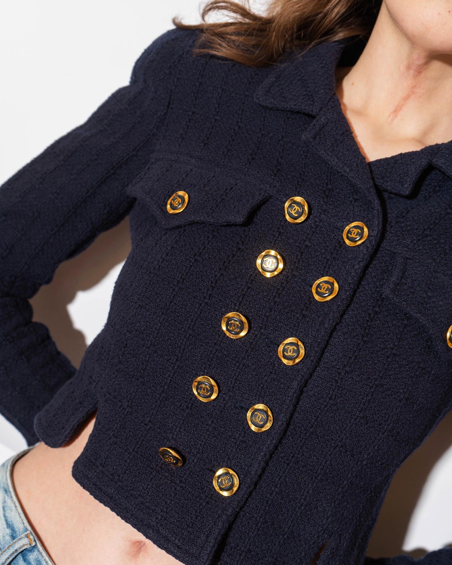 FR36 Chanel Cruise 1994 Double Breasted Cropped Cut Cotton Tweed Jacket - Vintage Chanel Jacket - Jacket - Rarchive.