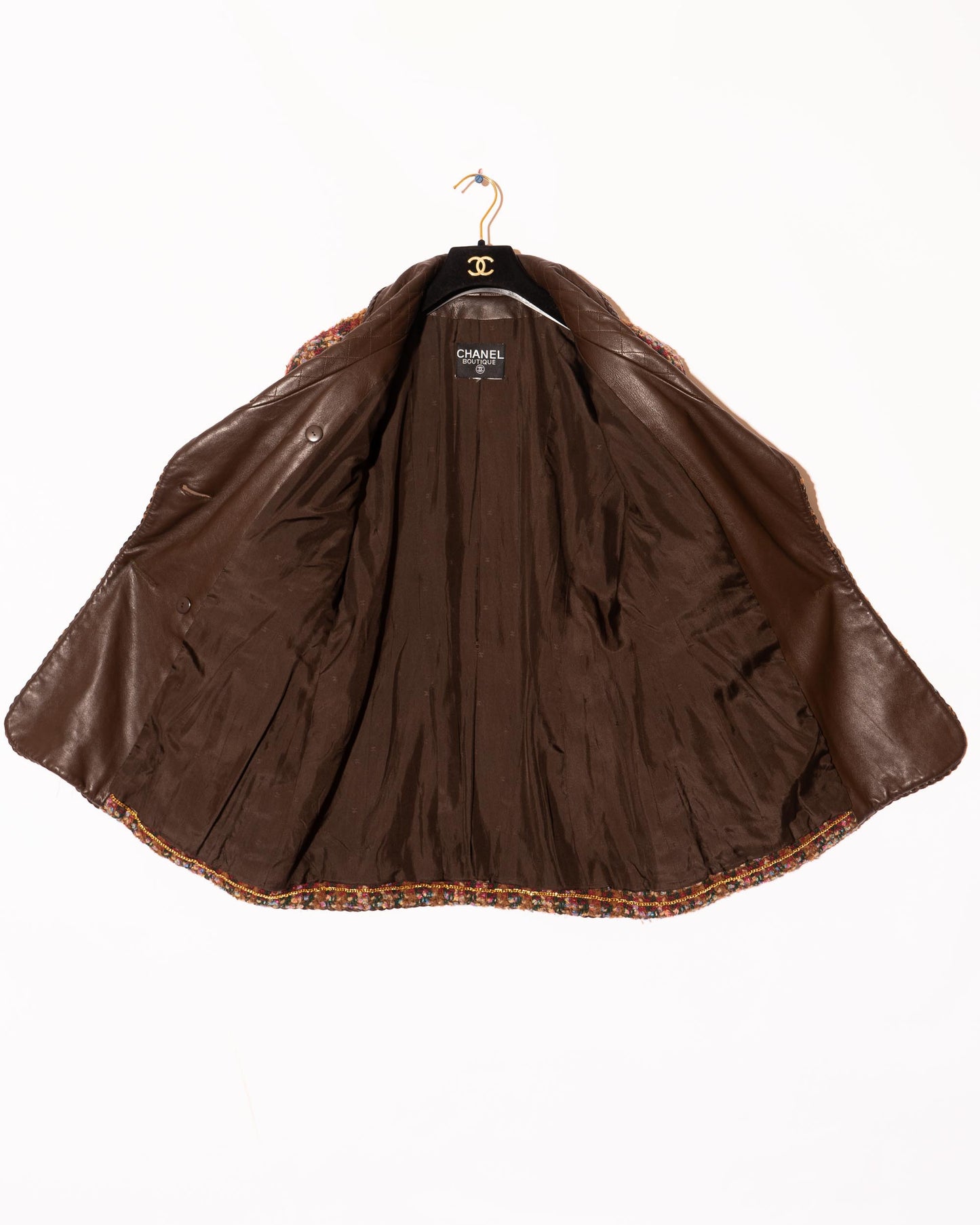 FR40-42 Rare Chanel Fall 1992 Double Breasted Four Pocket Leather Detailing Fantasy Tweed Jacket - Vintage Chanel Jacket - Jacket - Rarchive.