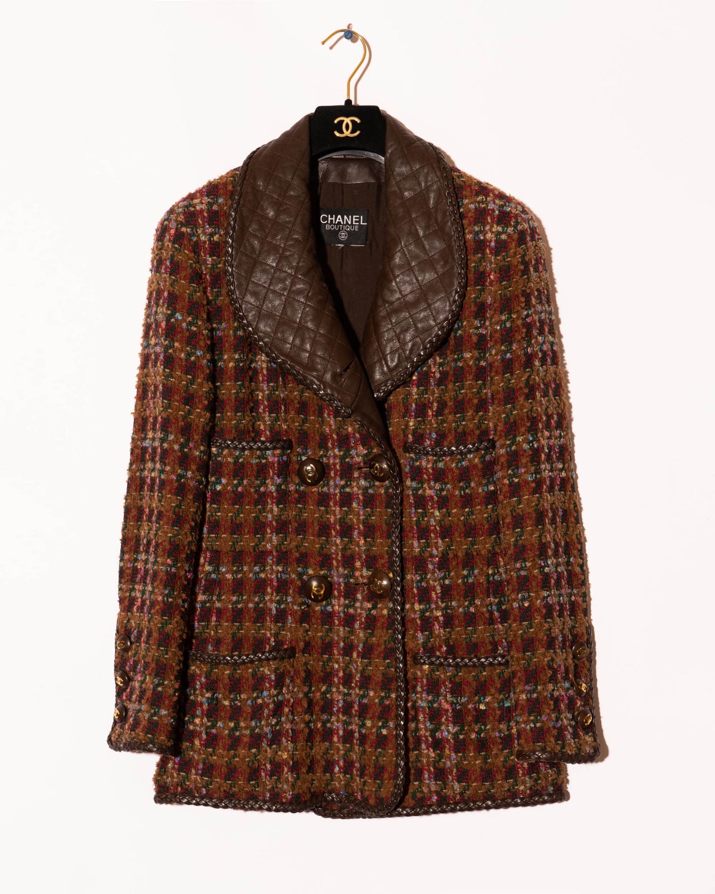 FR40-42 Rare Chanel Fall 1992 Double Breasted Four Pocket Leather Detailing Fantasy Tweed Jacket - Vintage Chanel Jacket - Jacket - Rarchive.