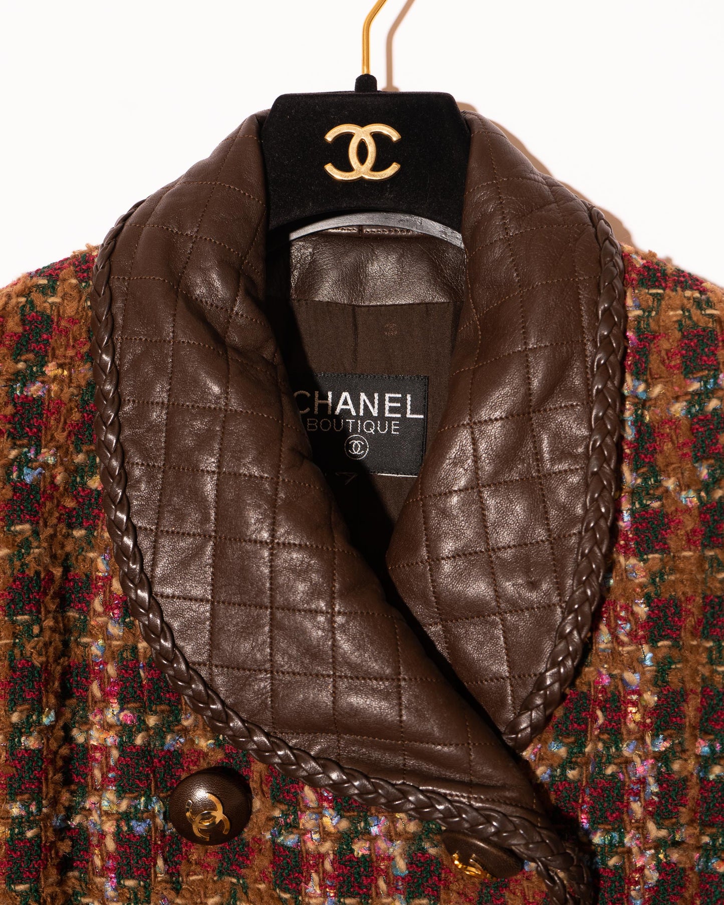 FR40-42 Rare Chanel Fall 1992 Double Breasted Four Pocket Leather Detailing Fantasy Tweed Jacket - Vintage Chanel Jacket - Jacket - Rarchive.