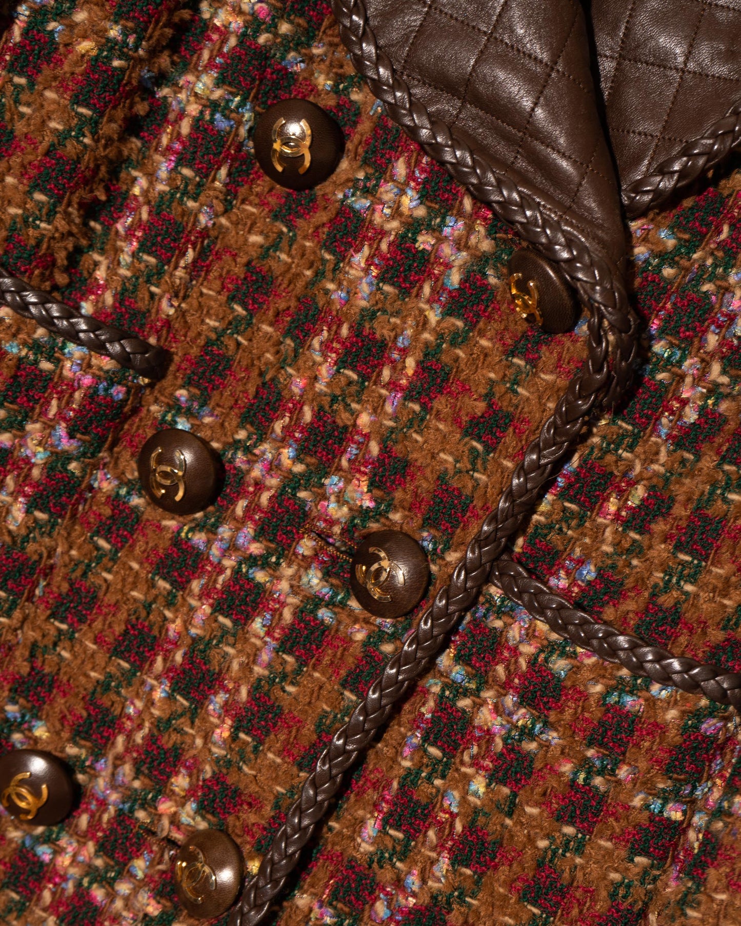 FR40-42 Rare Chanel Fall 1992 Double Breasted Four Pocket Leather Detailing Fantasy Tweed Jacket - Vintage Chanel Jacket - Jacket - Rarchive.