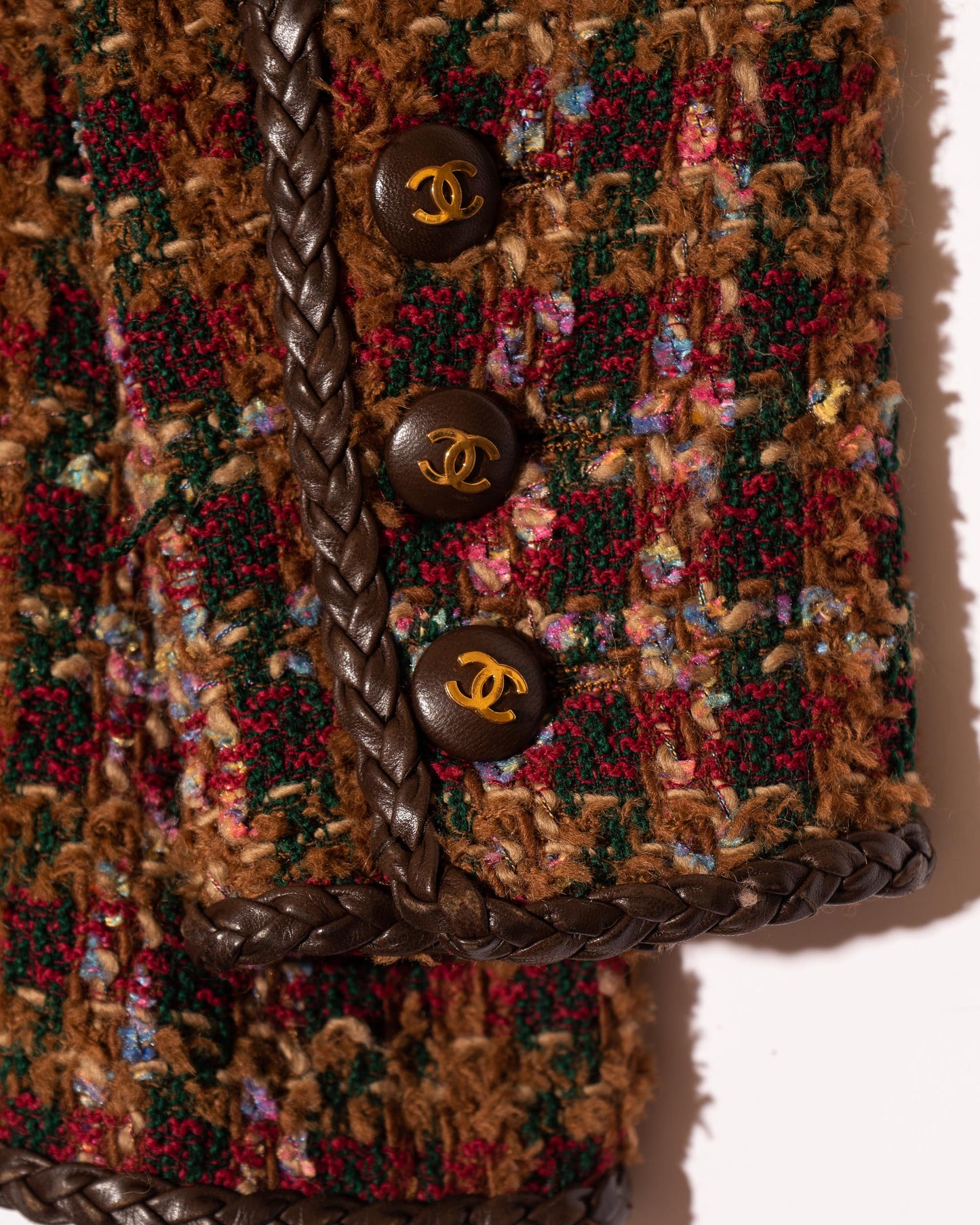 FR40-42 Rare Chanel Fall 1992 Double Breasted Four Pocket Leather Detailing Fantasy Tweed Jacket - Vintage Chanel Jacket - Jacket - Rarchive.