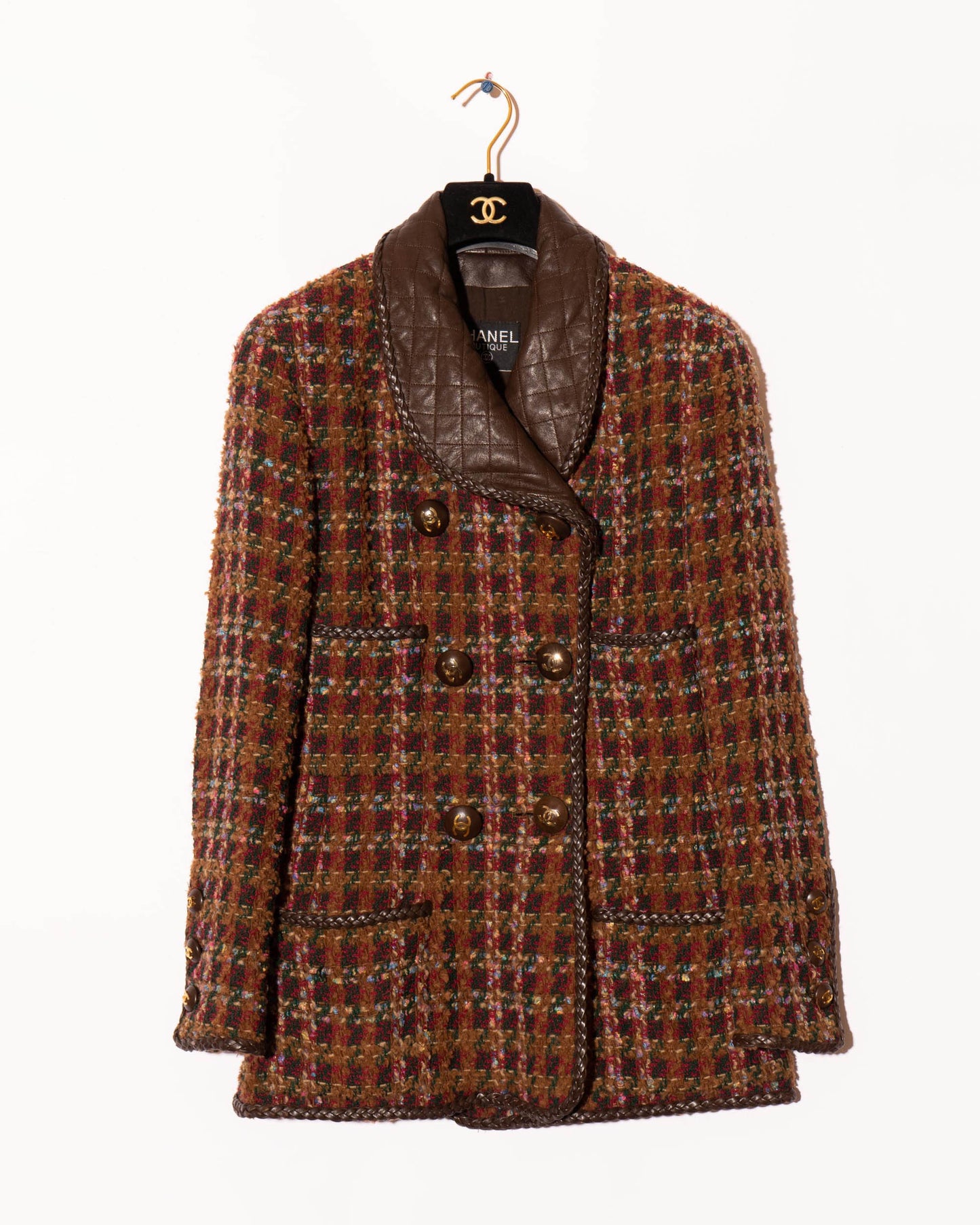 FR40-42 Rare Chanel Fall 1992 Double Breasted Four Pocket Leather Detailing Fantasy Tweed Jacket - Vintage Chanel Jacket - Jacket - Rarchive.