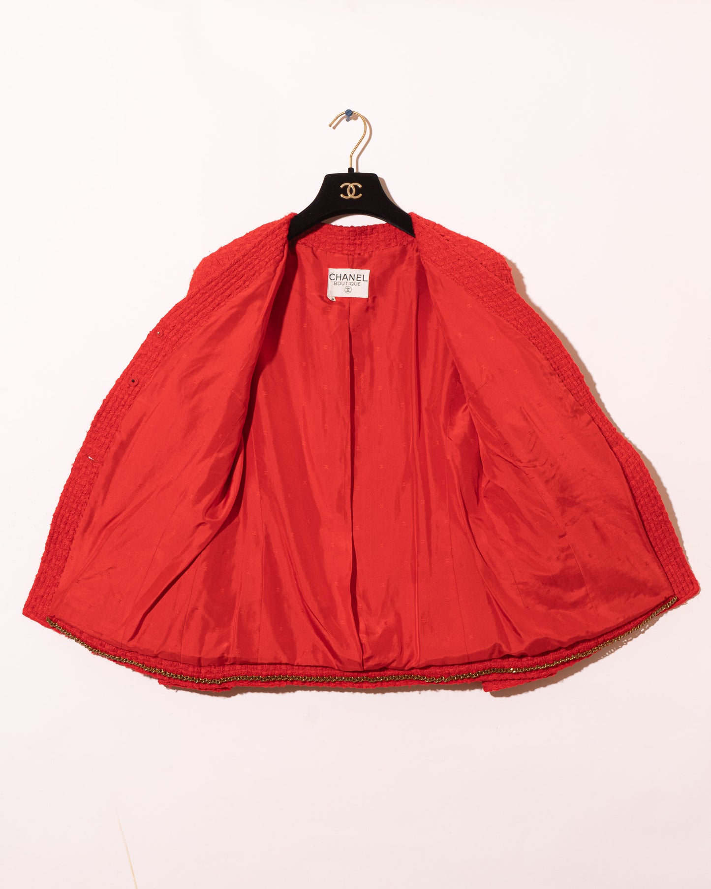 FR38-40 Rare Chanel Spring 1989 Four Pocket Collarless Red Wool Tweed Jacket - Vintage Chanel Jacket - - Rarchive.