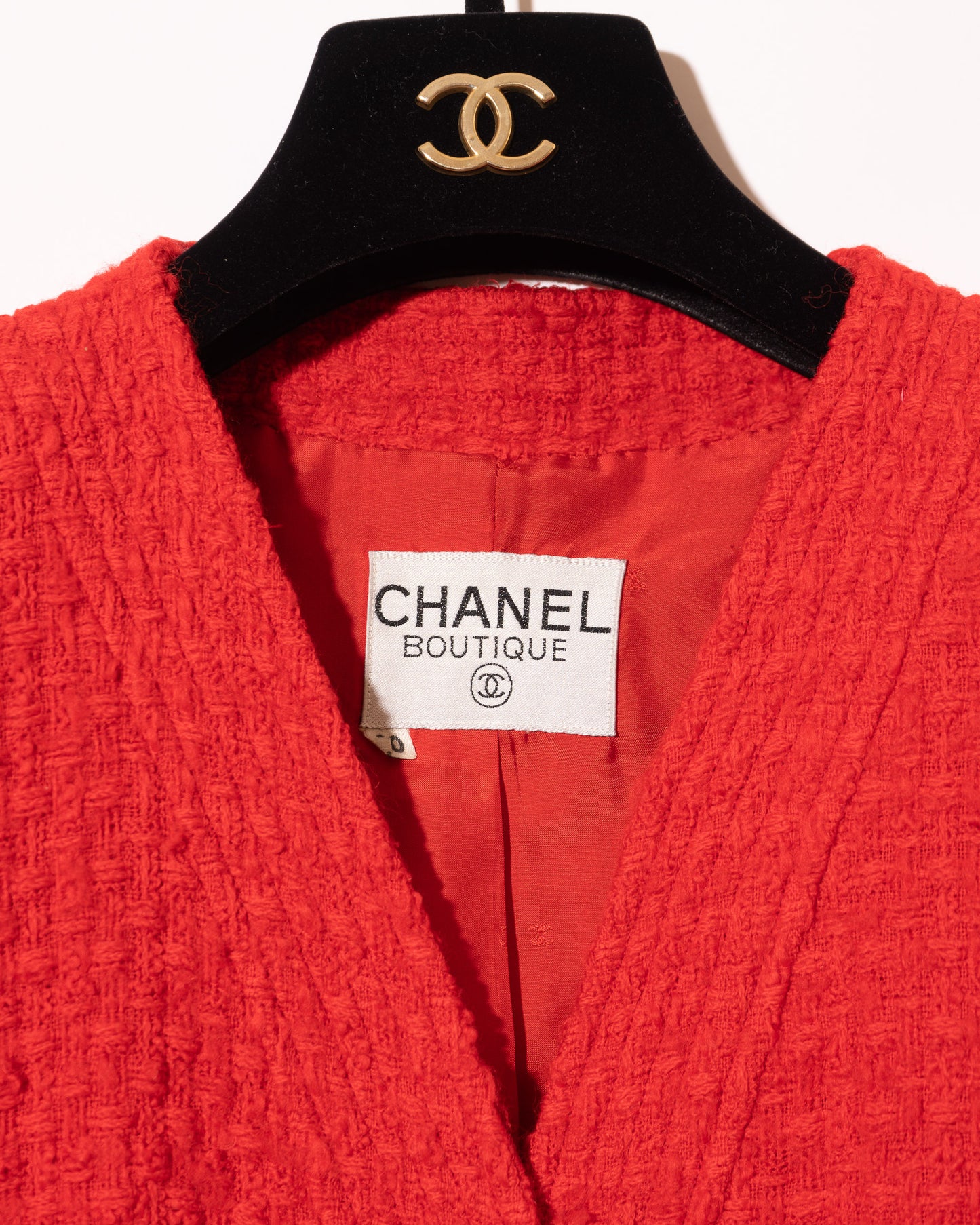 FR38-40 Rare Chanel Spring 1989 Four Pocket Collarless Red Wool Tweed Jacket - Vintage Chanel Jacket - - Rarchive.