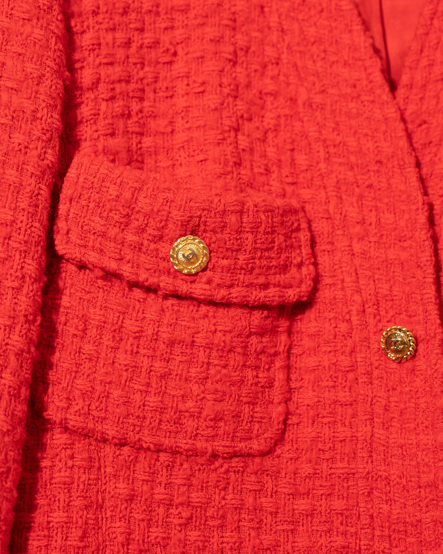 FR38-40 Rare Chanel Spring 1989 Four Pocket Collarless Red Wool Tweed Jacket - Vintage Chanel Jacket - - Rarchive.