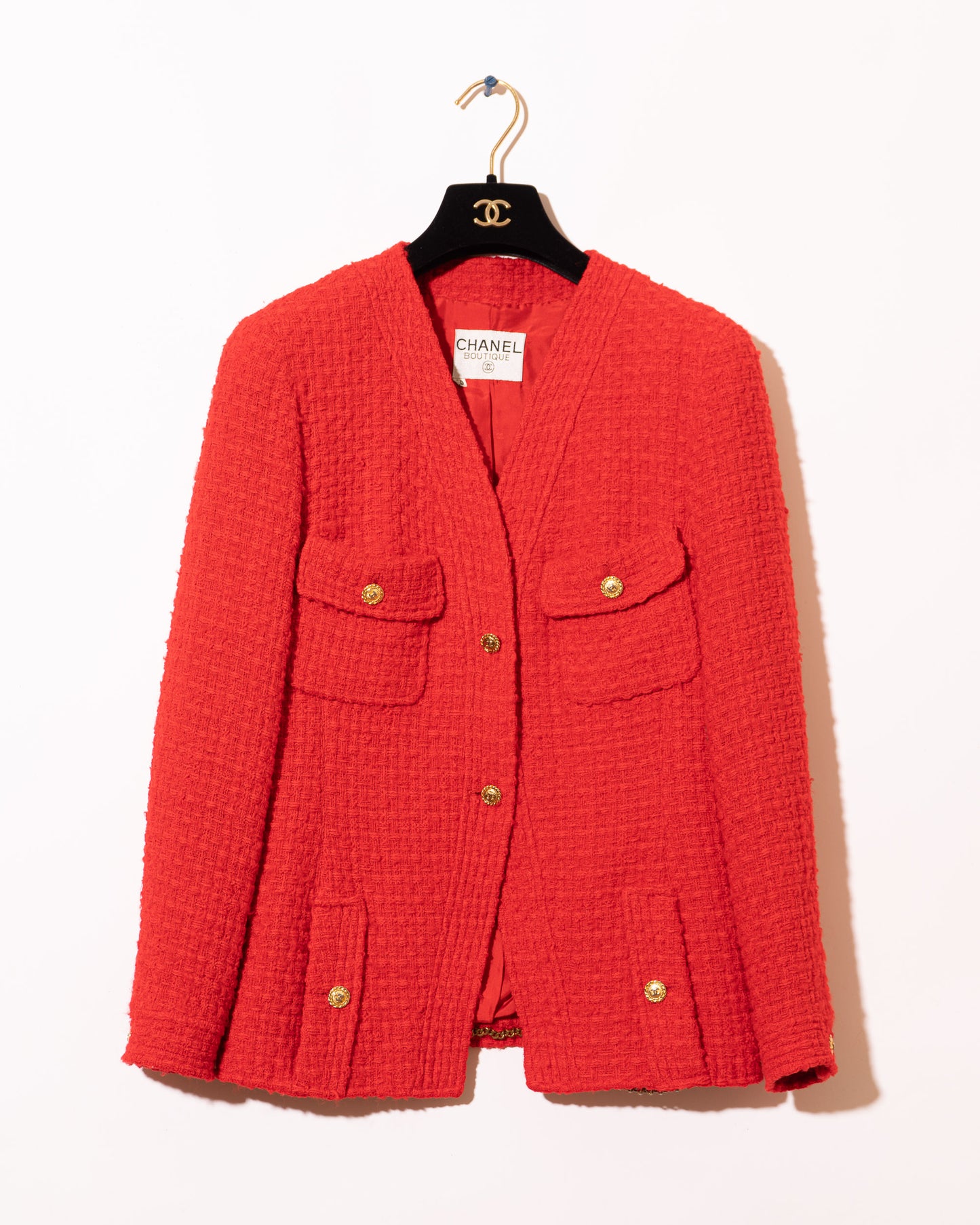 FR38-40 Rare Chanel Spring 1989 Four Pocket Collarless Red Wool Tweed Jacket - Vintage Chanel Jacket - - Rarchive.
