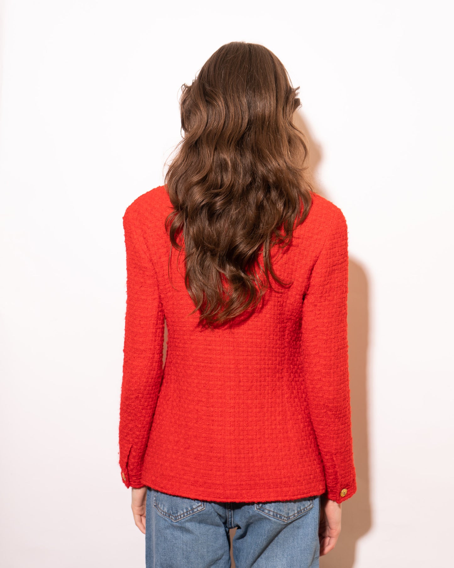 FR38-40 Rare Chanel Spring 1989 Four Pocket Collarless Red Wool Tweed Jacket - Vintage Chanel Jacket - - Rarchive.