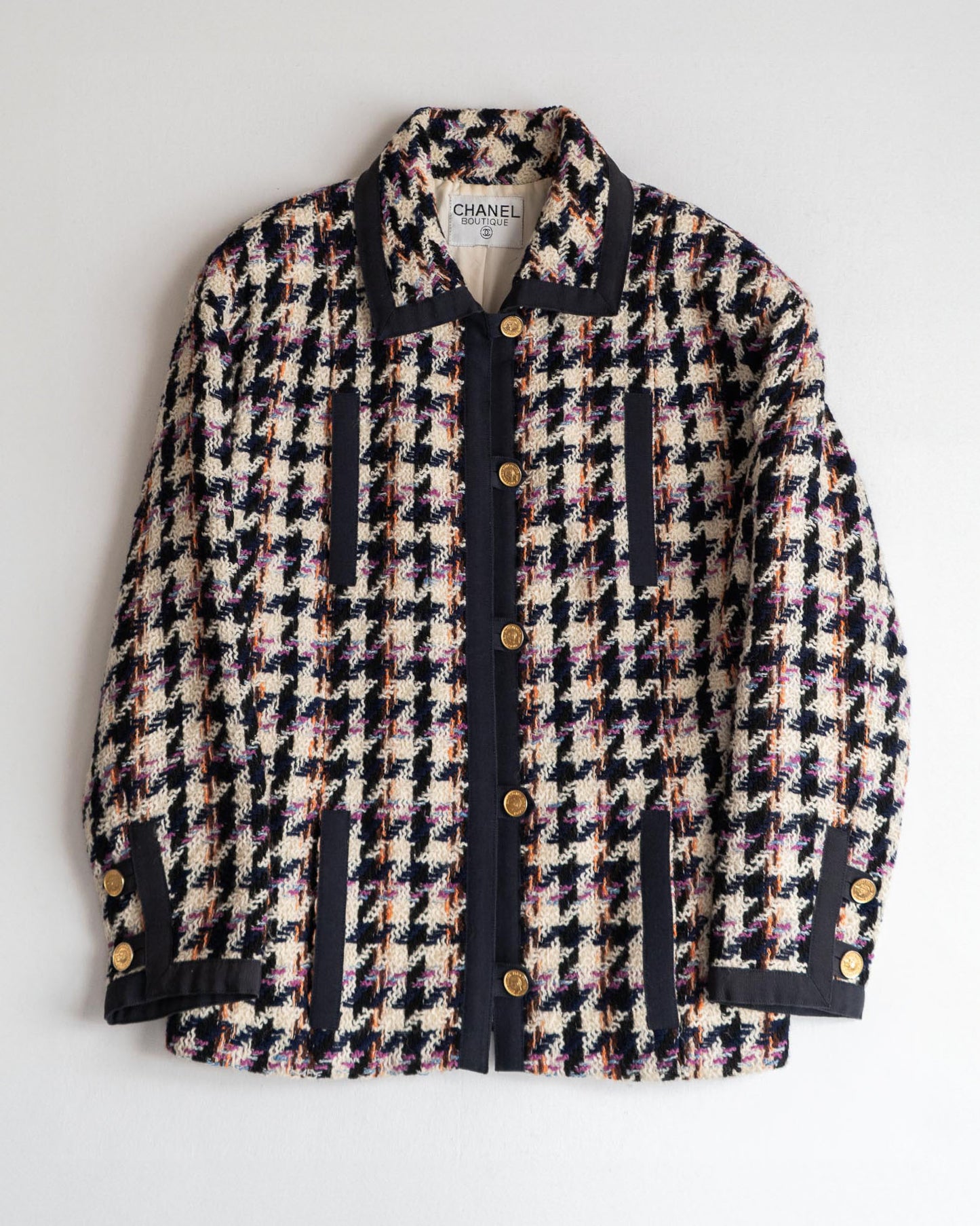 FR38-42 Chanel Fall 1987 Four Pocket Jacket in Multicolor Houndstooth Tweed