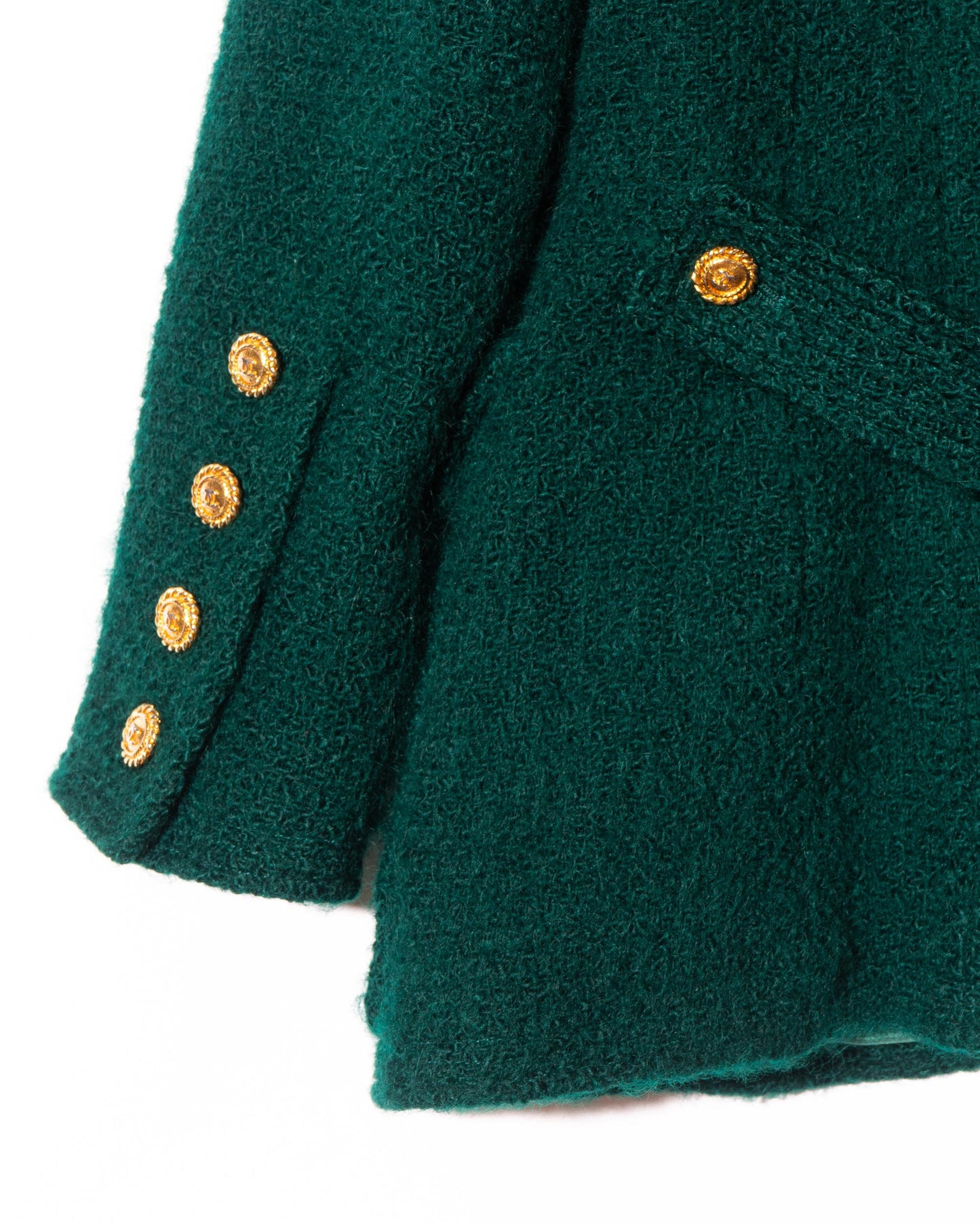 FR34-36 Chanel Fall 1988 Double Breasted Two Pocket Military Style Collarless Wool Jacket