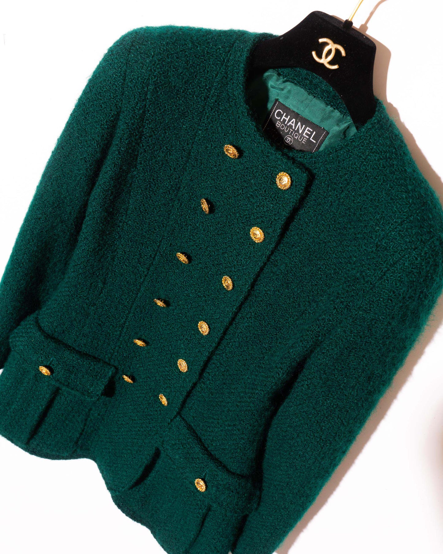 FR34-36 Chanel Fall 1988 Double Breasted Two Pocket Military Style Collarless Wool Jacket