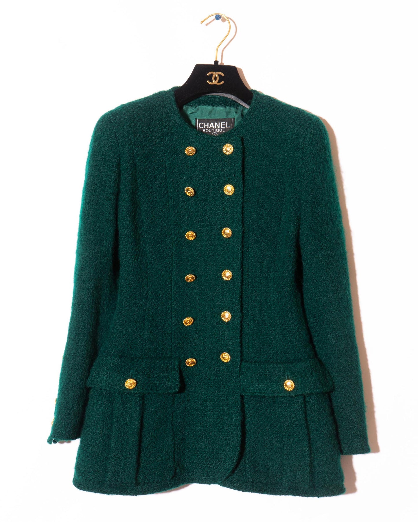 FR34-36 Chanel Fall 1988 Double Breasted Two Pocket Military Style Collarless Wool Jacket