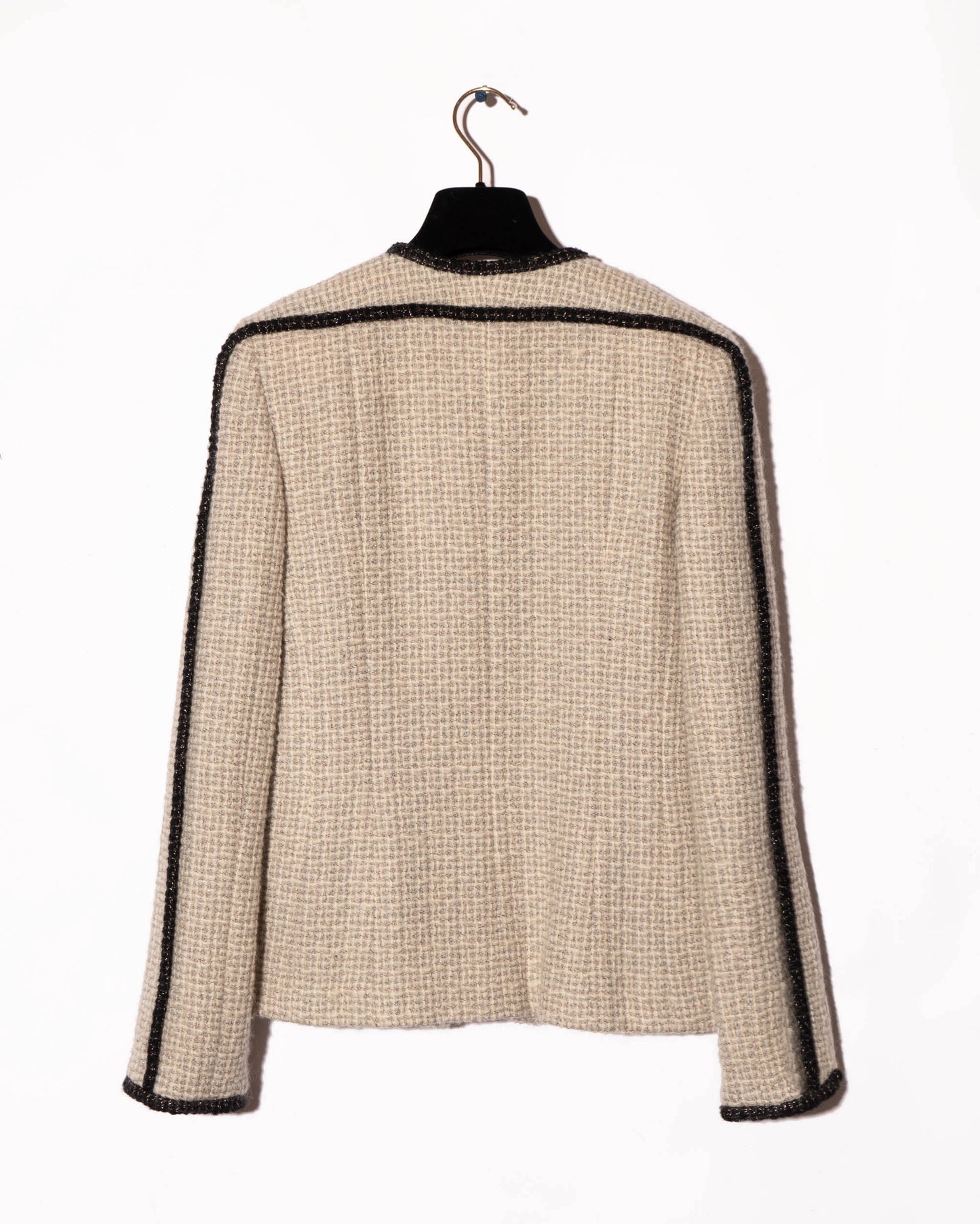 FR36-38 Chanel Fall 2003 Collarless Long Sleeve Wool Tweed Jacket with Bow Closure