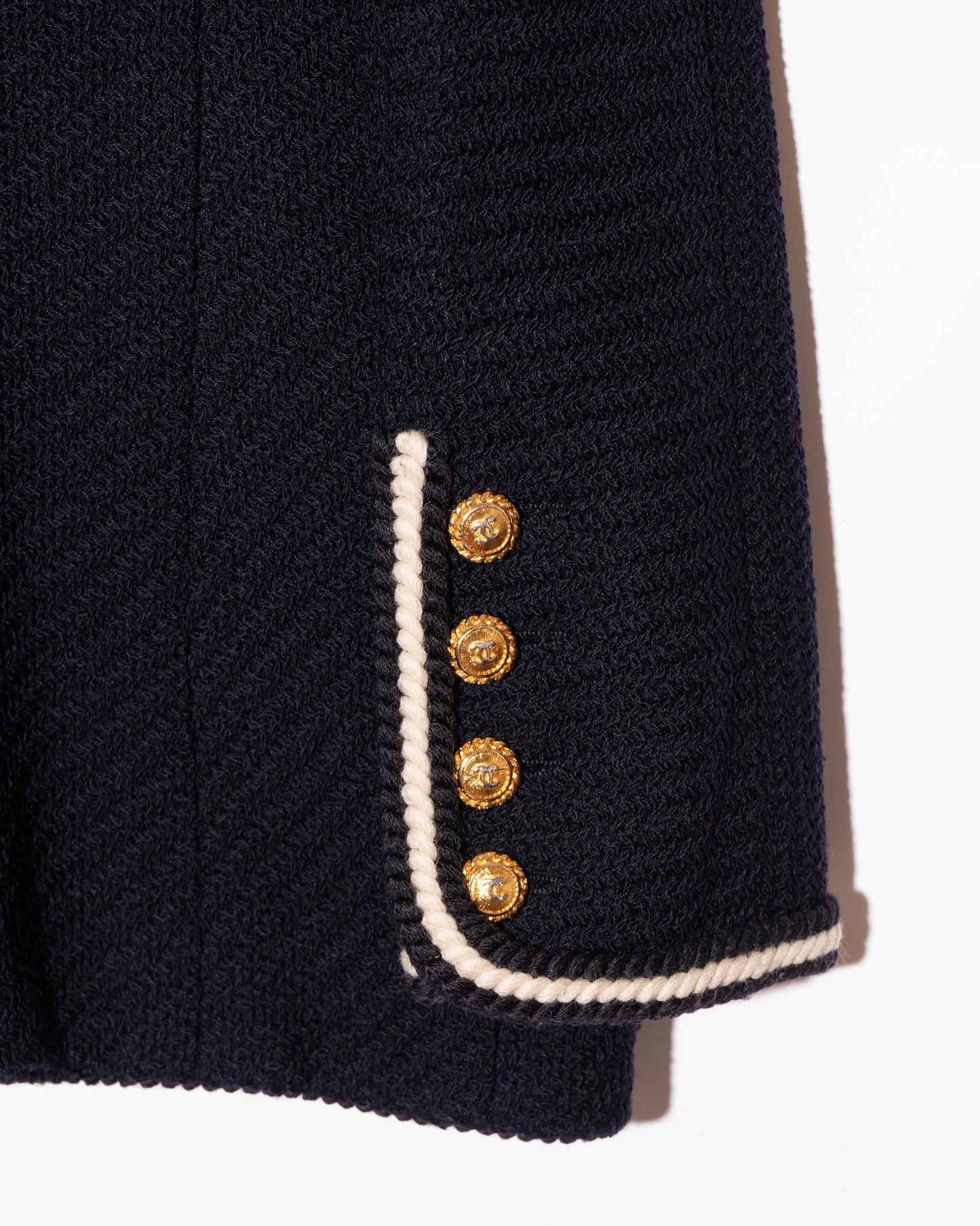 FR38-40 Chanel Fall 1988 Double Breasted Contrasting Trim Dark Navy Wool Tweed Jacket