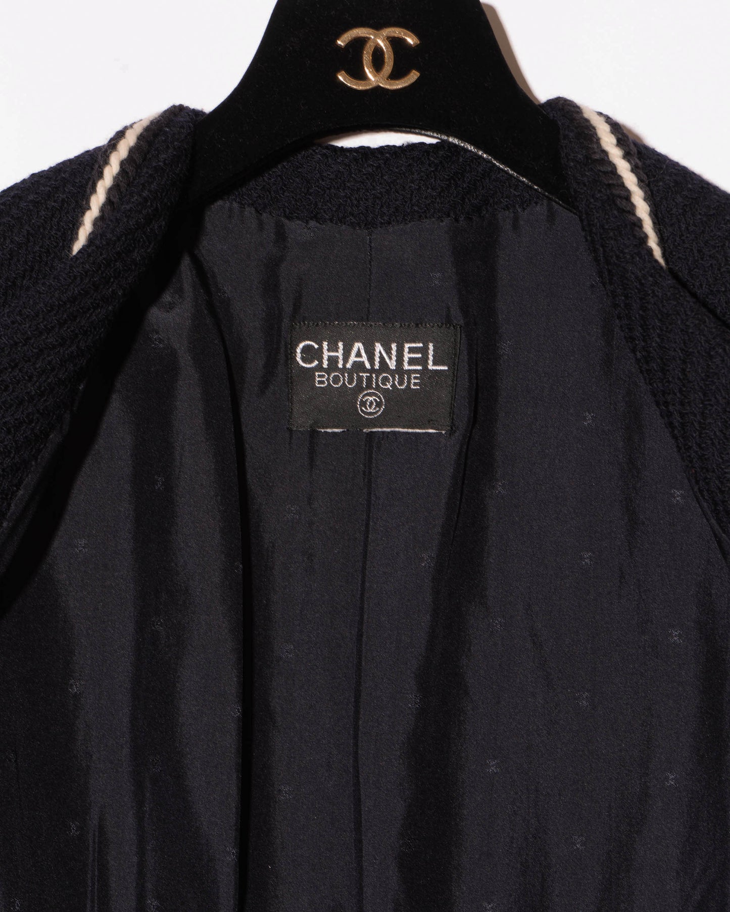 FR38-40 Chanel Fall 1988 Double Breasted Contrasting Trim Dark Navy Wool Tweed Jacket
