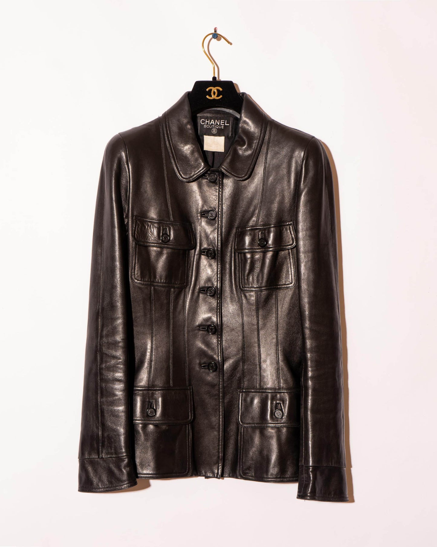 FR36-38 Rare Chanel Fall 1995 Four Pocket Fitted Multipanel Cut Black Lambskin Jacket - Vintage Chanel Jacket - Jacket - Rarchive.