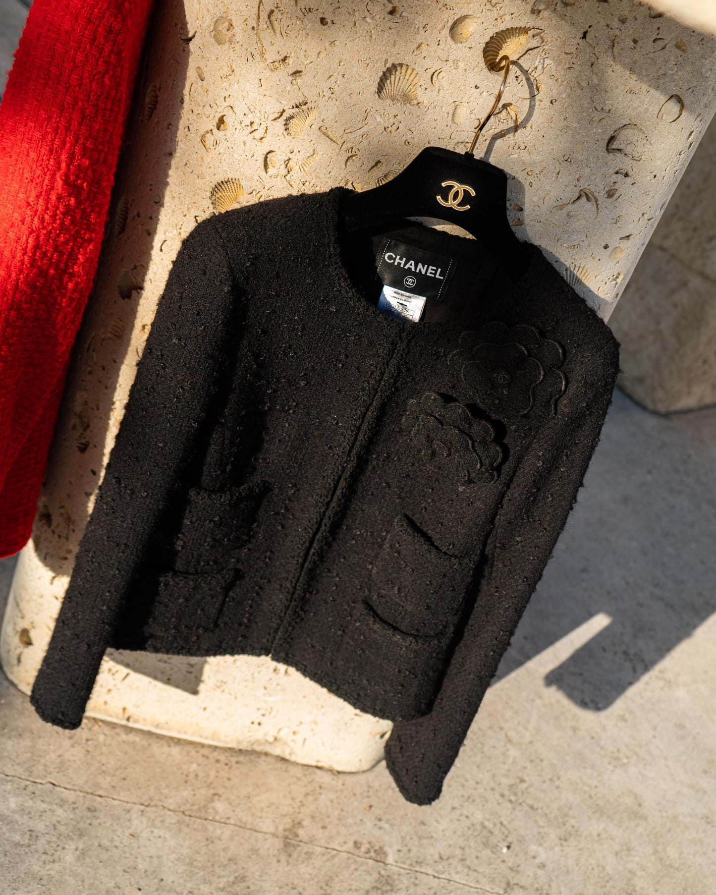 FR36-38 Rare Chanel Fall 2009 Timeless Classic Collarless Four Pocket Camellia Detail Black Tweed Jacket - Vintage Chanel Jacket - Jacket - Rarchive.