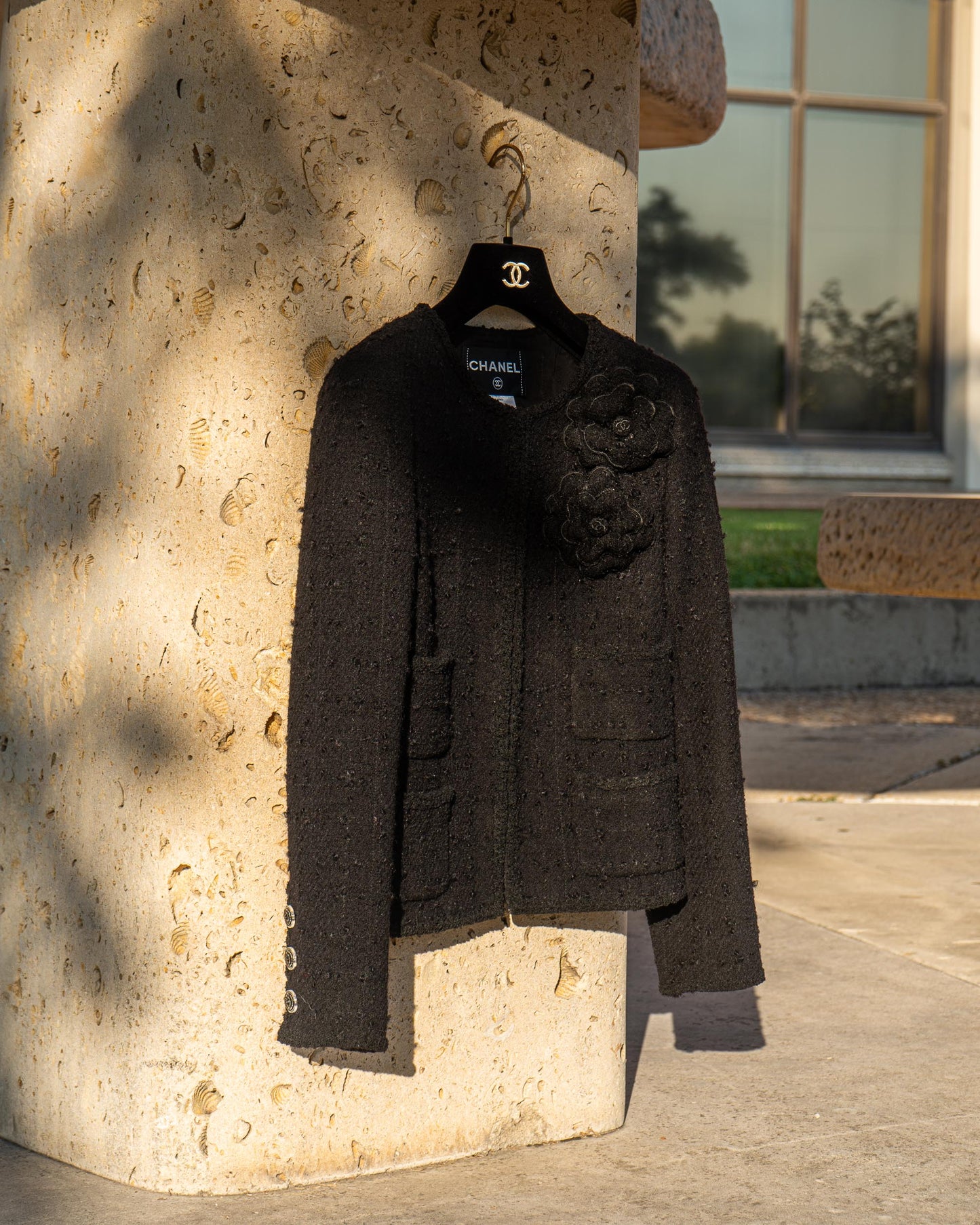 FR36-38 Rare Chanel Fall 2009 Timeless Classic Collarless Four Pocket Camellia Detail Black Tweed Jacket - Vintage Chanel Jacket - Jacket - Rarchive.