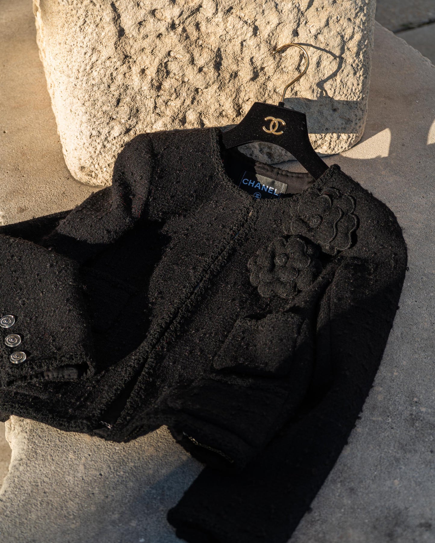 FR36-38 Rare Chanel Fall 2009 Timeless Classic Collarless Four Pocket Camellia Detail Black Tweed Jacket - Vintage Chanel Jacket - Jacket - Rarchive.