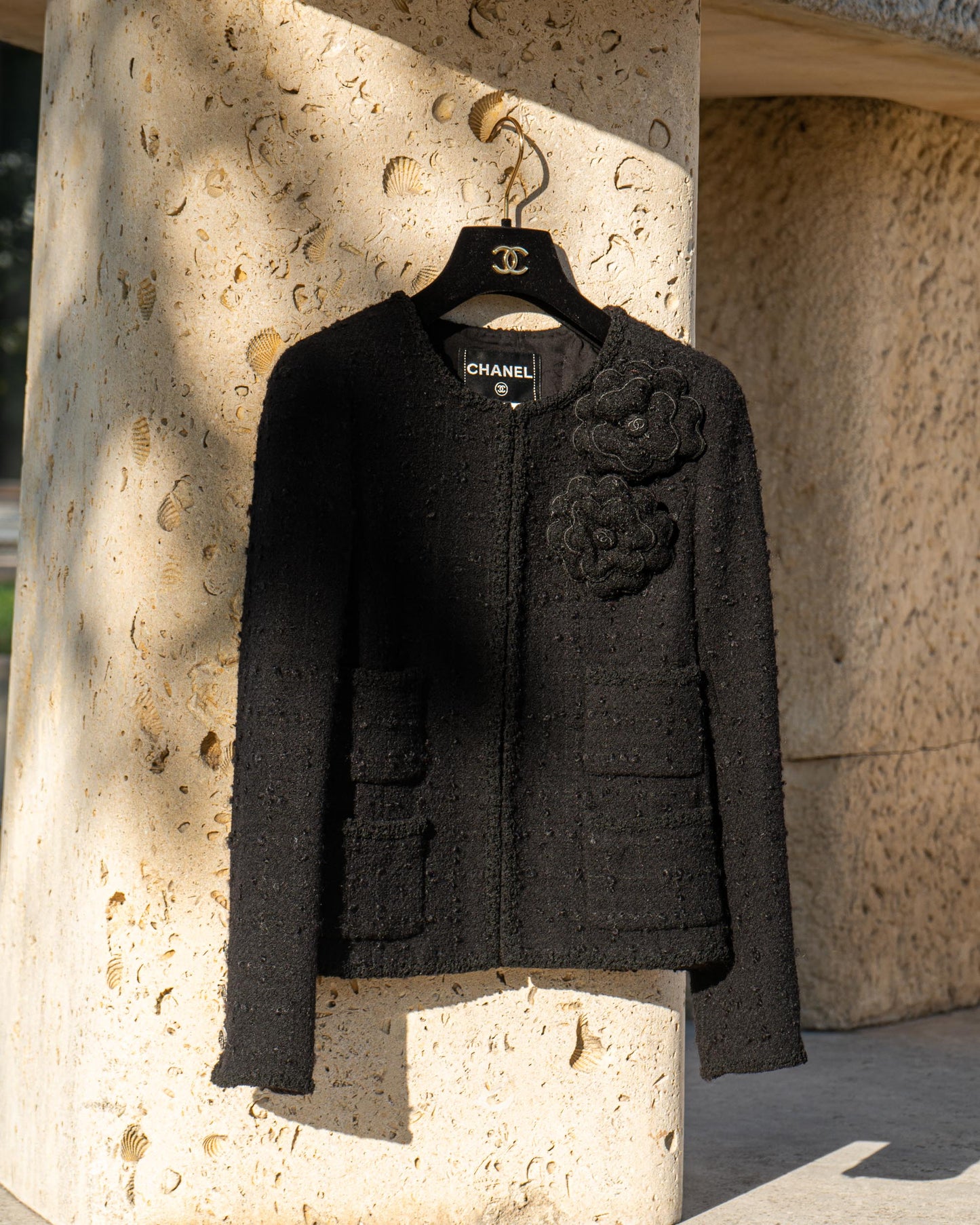 FR36-38 Rare Chanel Fall 2009 Timeless Classic Collarless Four Pocket Camellia Detail Black Tweed Jacket - Vintage Chanel Jacket - Jacket - Rarchive.
