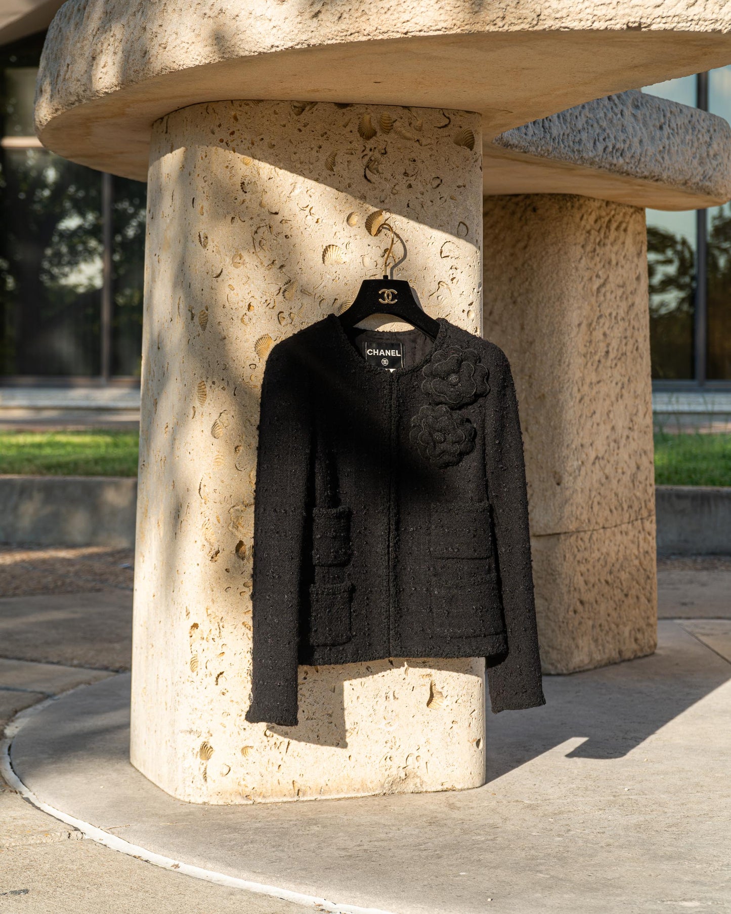 FR36-38 Rare Chanel Fall 2009 Timeless Classic Collarless Four Pocket Camellia Detail Black Tweed Jacket - Vintage Chanel Jacket - Jacket - Rarchive.