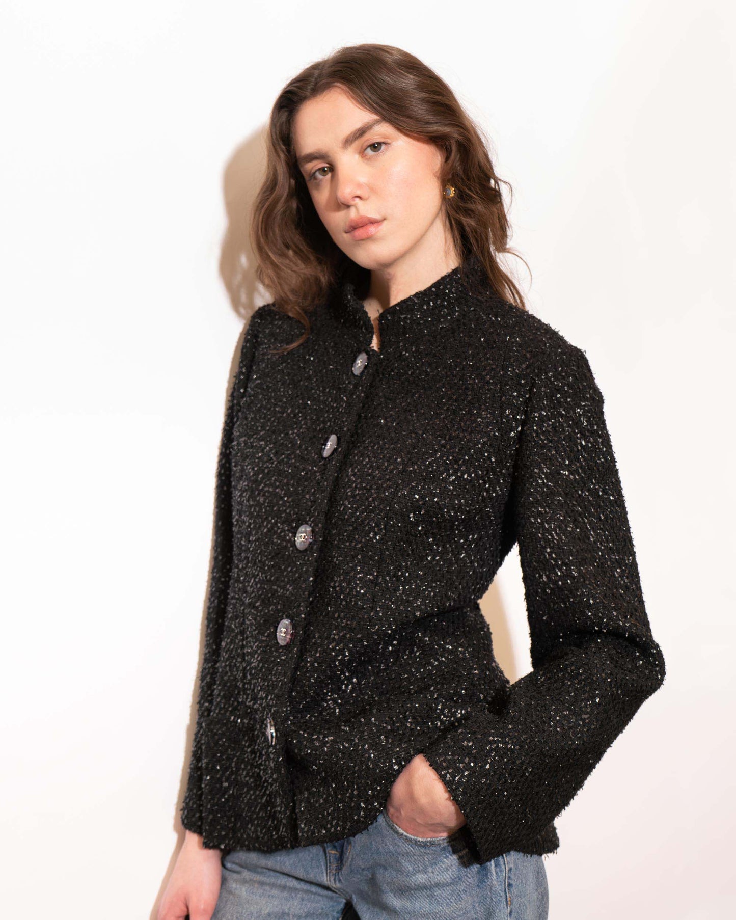 FR42-44 Chanel Spring 2019 Classic High Collar Two Pocket Black Fantasy Tweed Jacket - Vintage Chanel Jacket - - Rarchive.