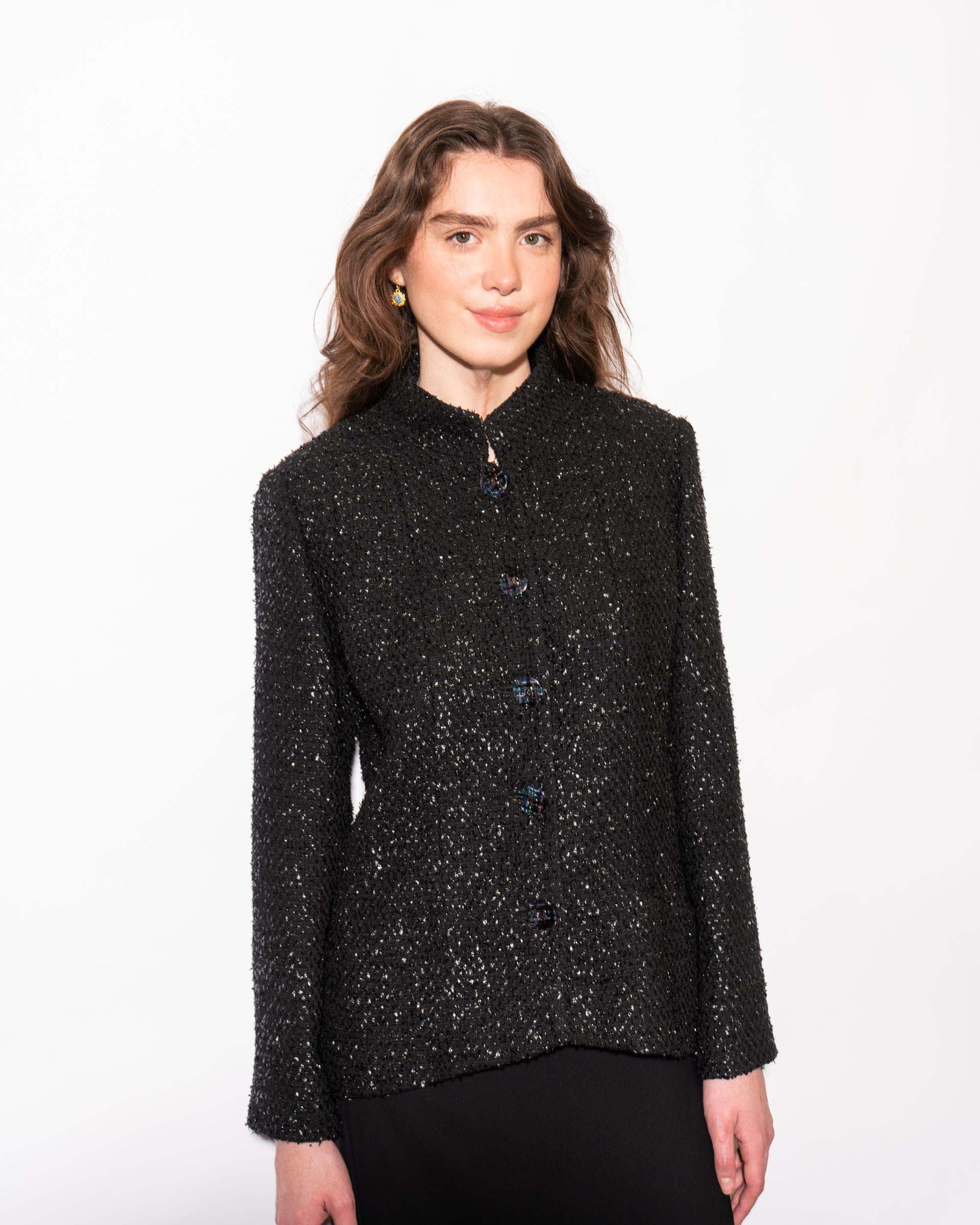 FR42-44 Chanel Spring 2019 Classic High Collar Two Pocket Black Fantasy Tweed Jacket - Vintage Chanel Jacket - - Rarchive.