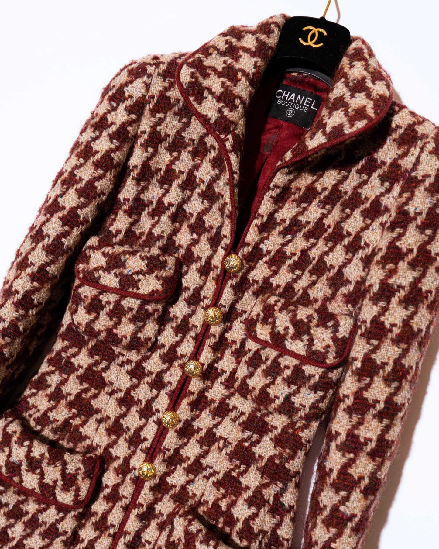FR34-36 Rare Chanel Fall 1990 Four Pocket Houndstooth Tweed Coat