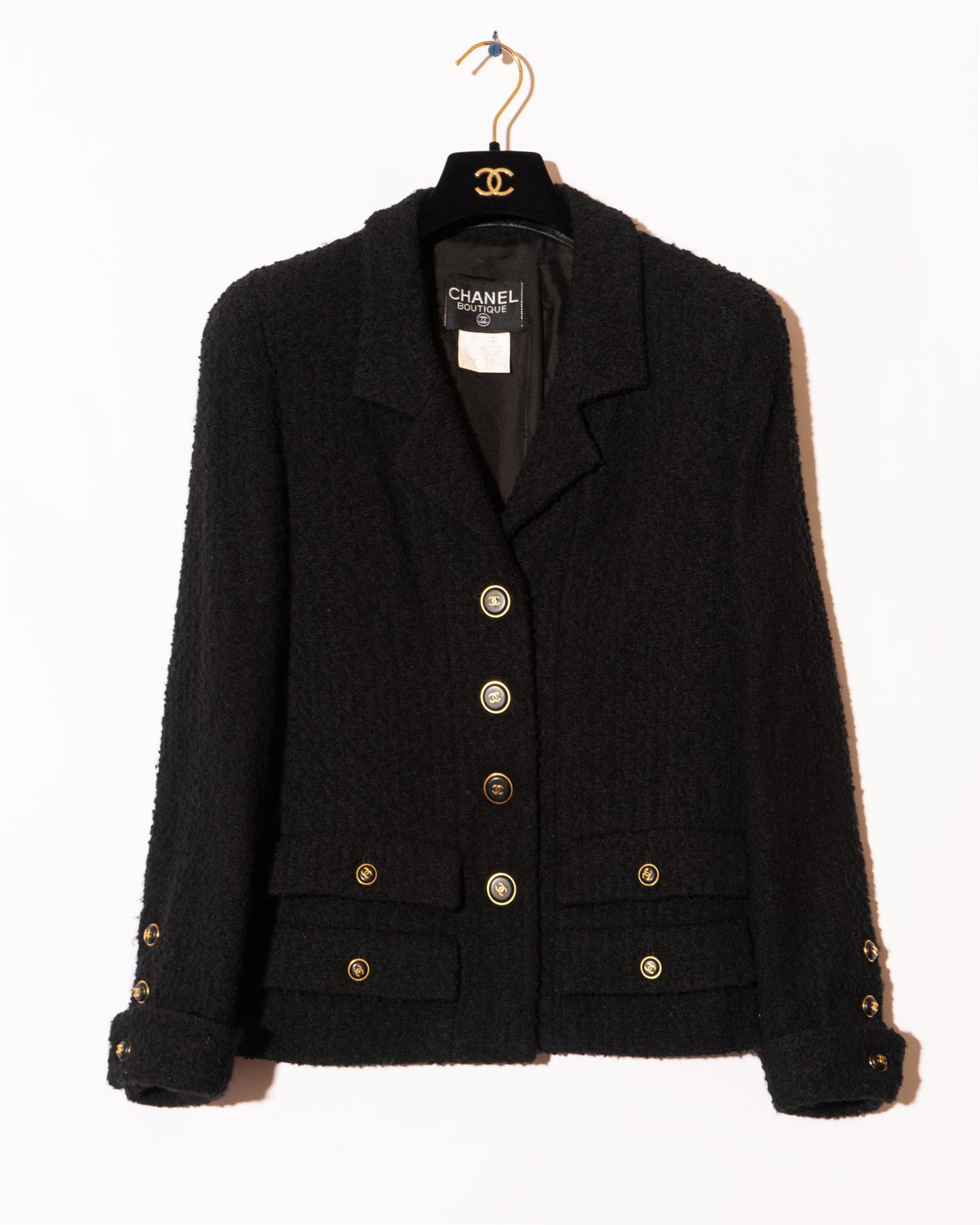 FR36-38 Rare Chanel Fall 1995 Four Pocket Black Tweed Boucle Jacket - Vintage Chanel Jacket - - Rarchive.