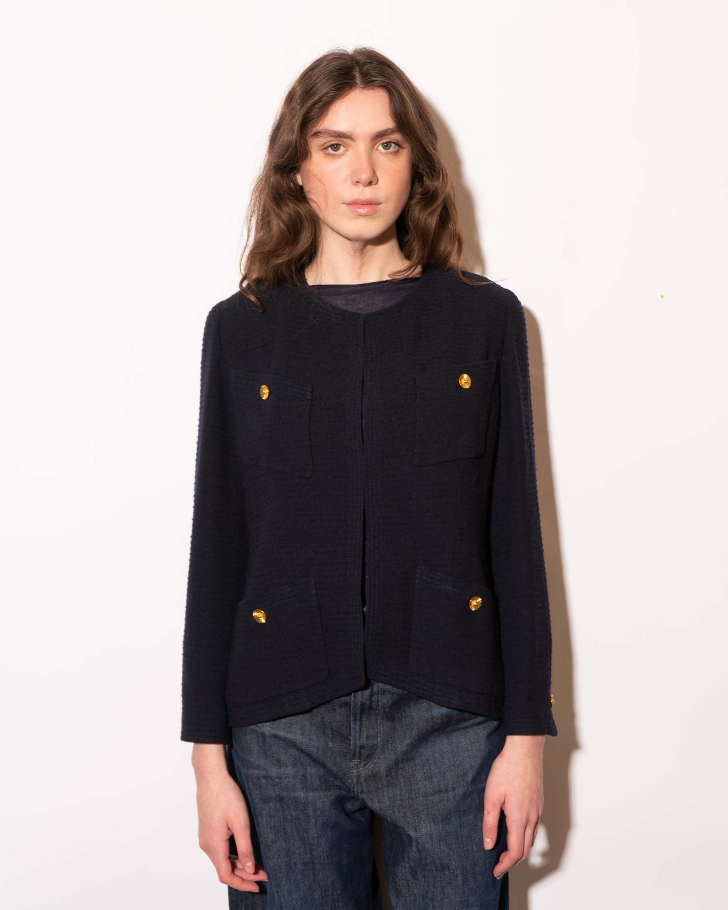 FR38-40 Chanel 1990s Classic Collarless Four Pocket Textured Light Wool Tweed Jacket - Vintage Chanel Jacket - - Rarchive.