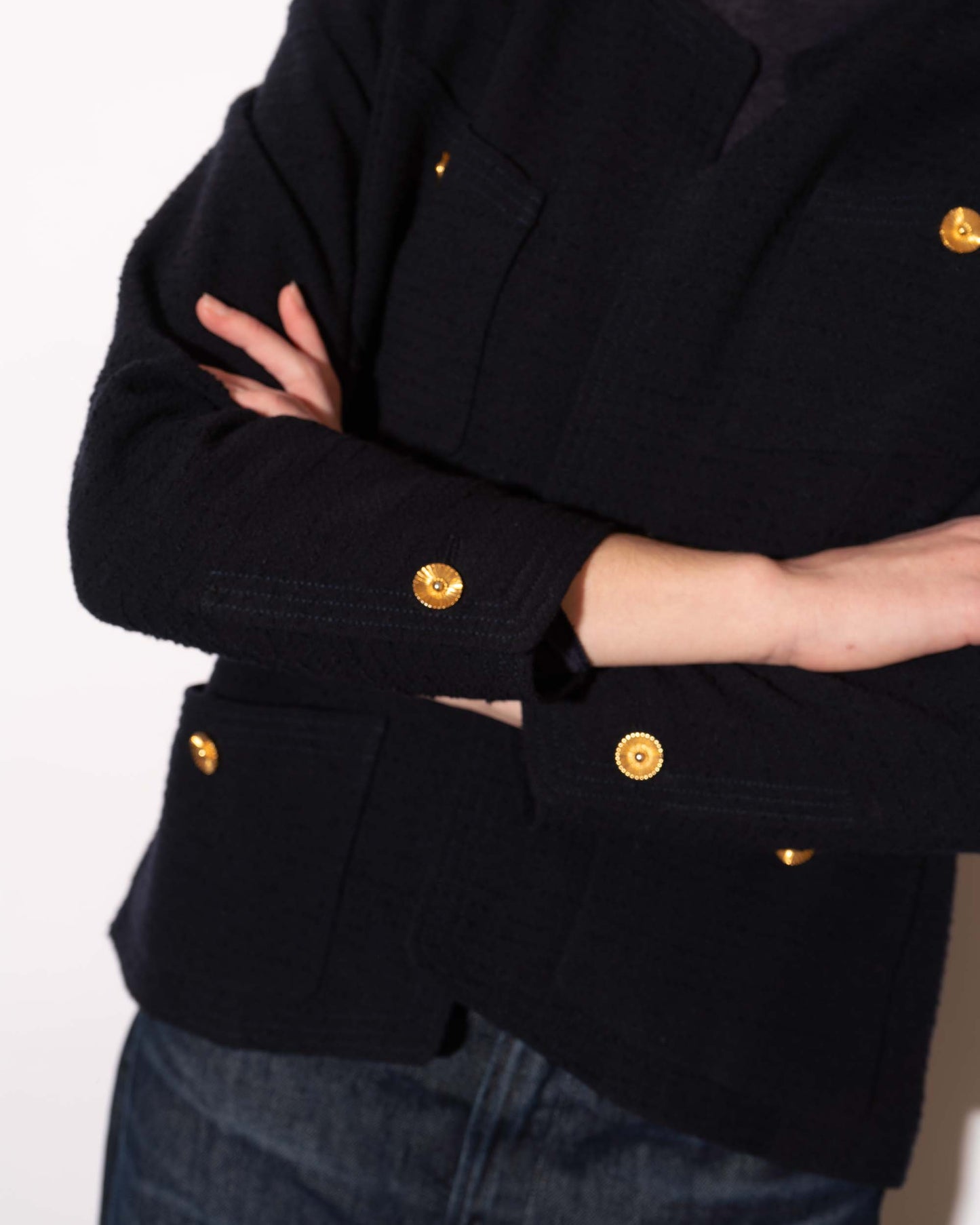 FR38-40 Chanel 1990s Classic Collarless Four Pocket Textured Light Wool Tweed Jacket - Vintage Chanel Jacket - - Rarchive.