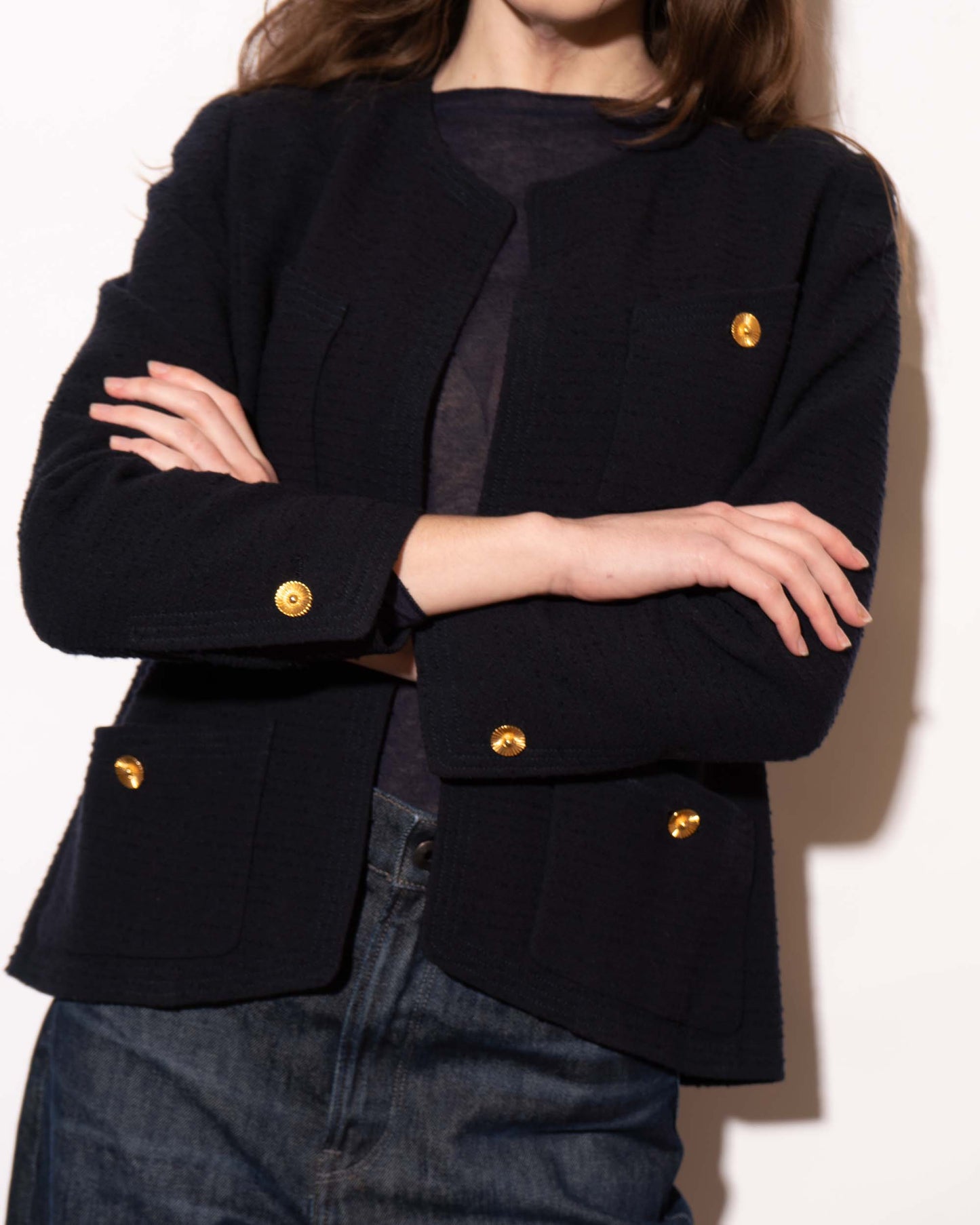 FR38-40 Chanel 1990s Classic Collarless Four Pocket Textured Light Wool Tweed Jacket - Vintage Chanel Jacket - - Rarchive.