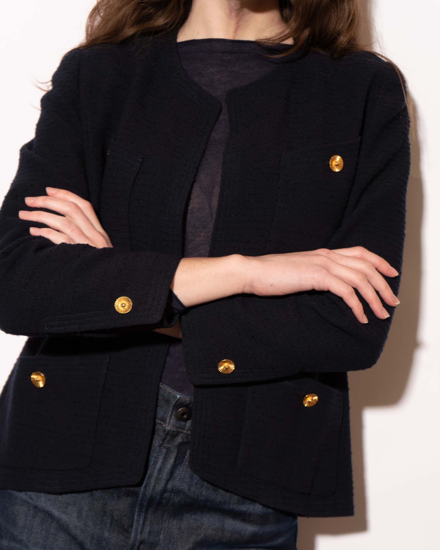 FR38-40 Chanel 1990s Classic Collarless Four Pocket Textured Light Wool Tweed Jacket - Vintage Chanel Jacket - - Rarchive.