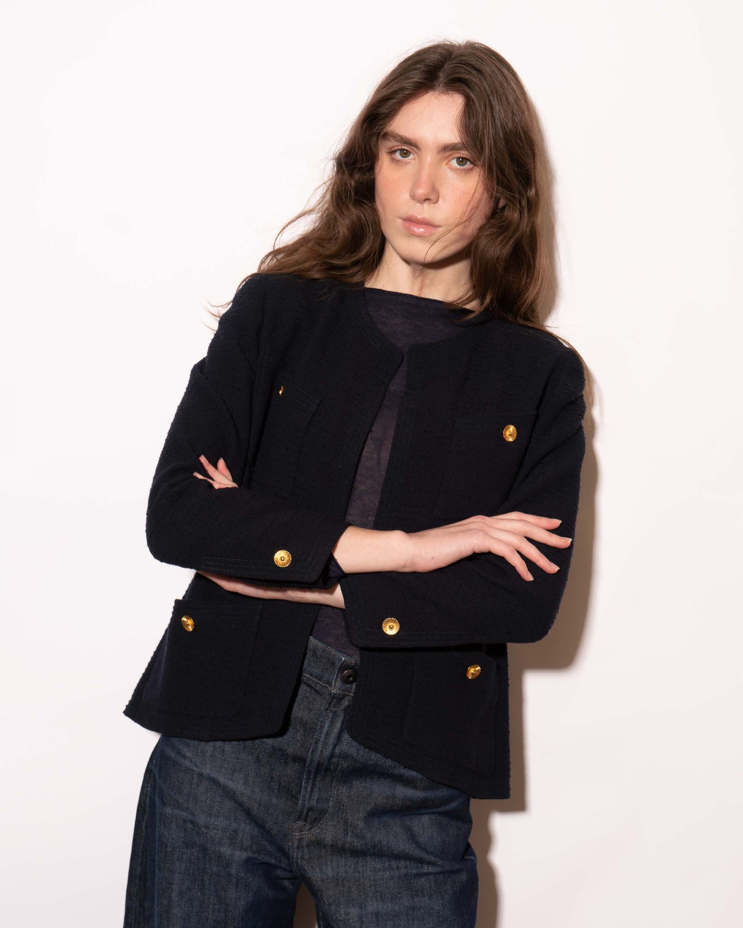 FR38-40 Chanel 1990s Classic Collarless Four Pocket Textured Light Wool Tweed Jacket - Vintage Chanel Jacket - - Rarchive.