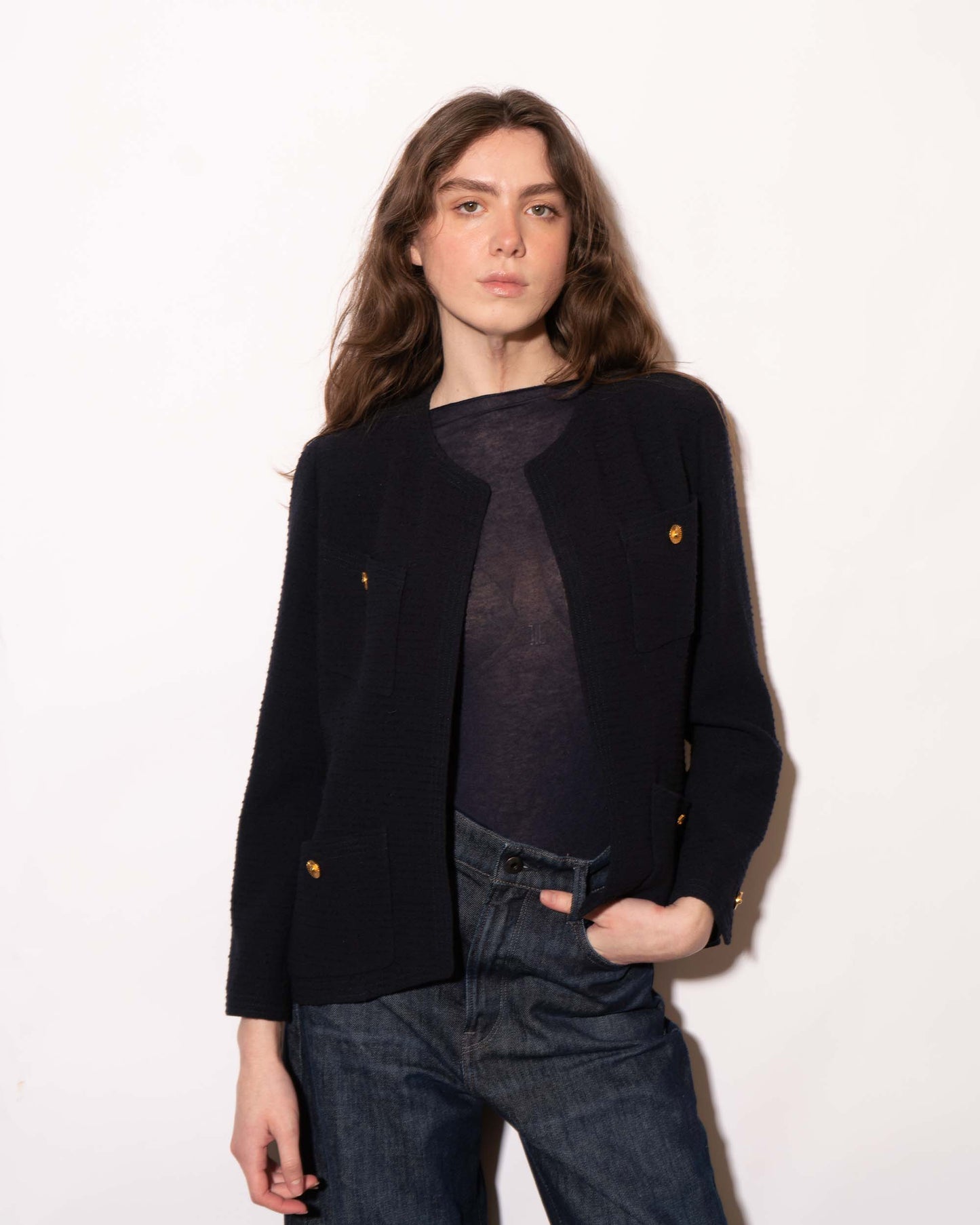 FR38-40 Chanel 1990s Classic Collarless Four Pocket Textured Light Wool Tweed Jacket - Vintage Chanel Jacket - - Rarchive.