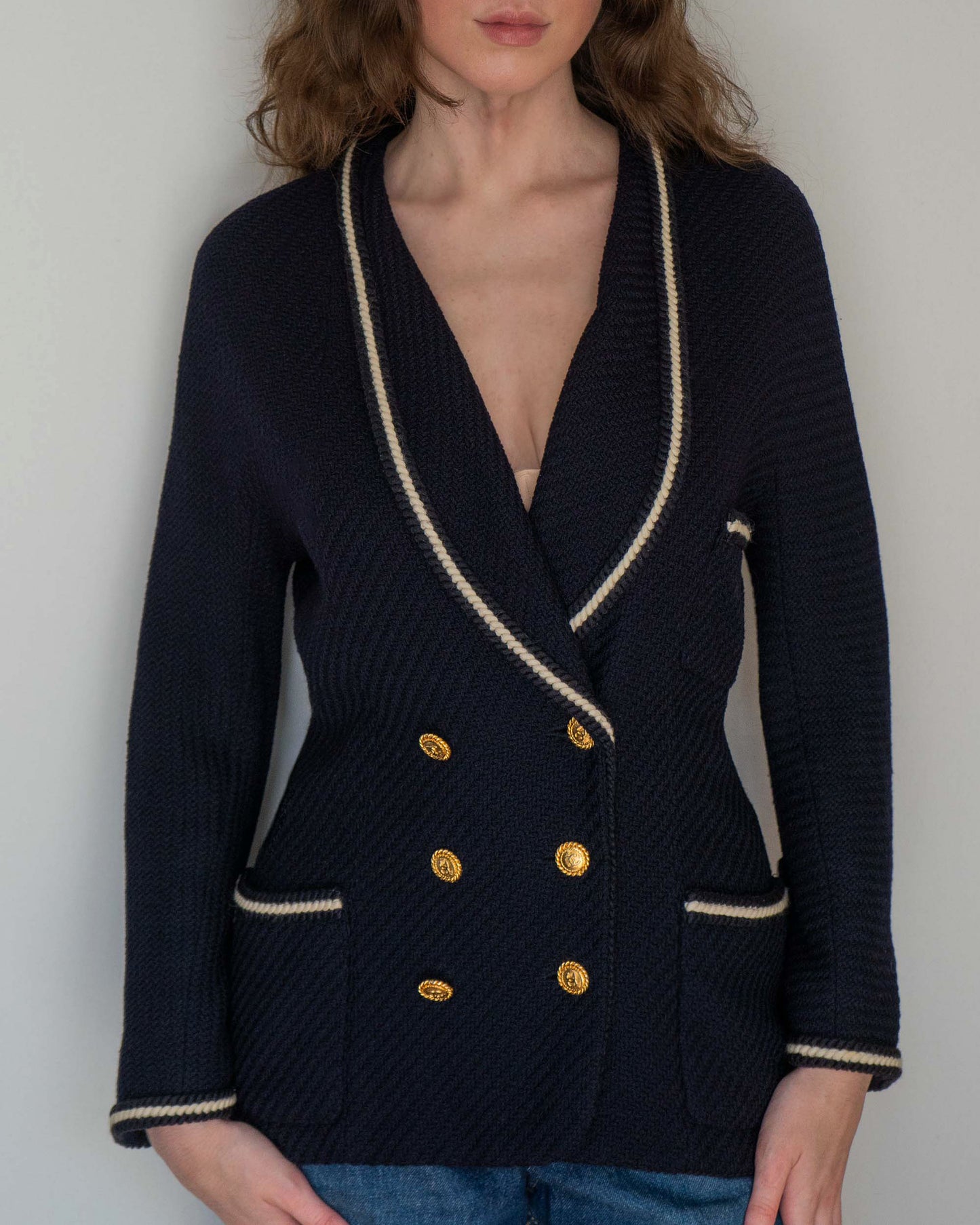 FR38-40 Chanel Fall 1988 Double Breasted Contrasting Trim Dark Navy Wool Tweed Jacket