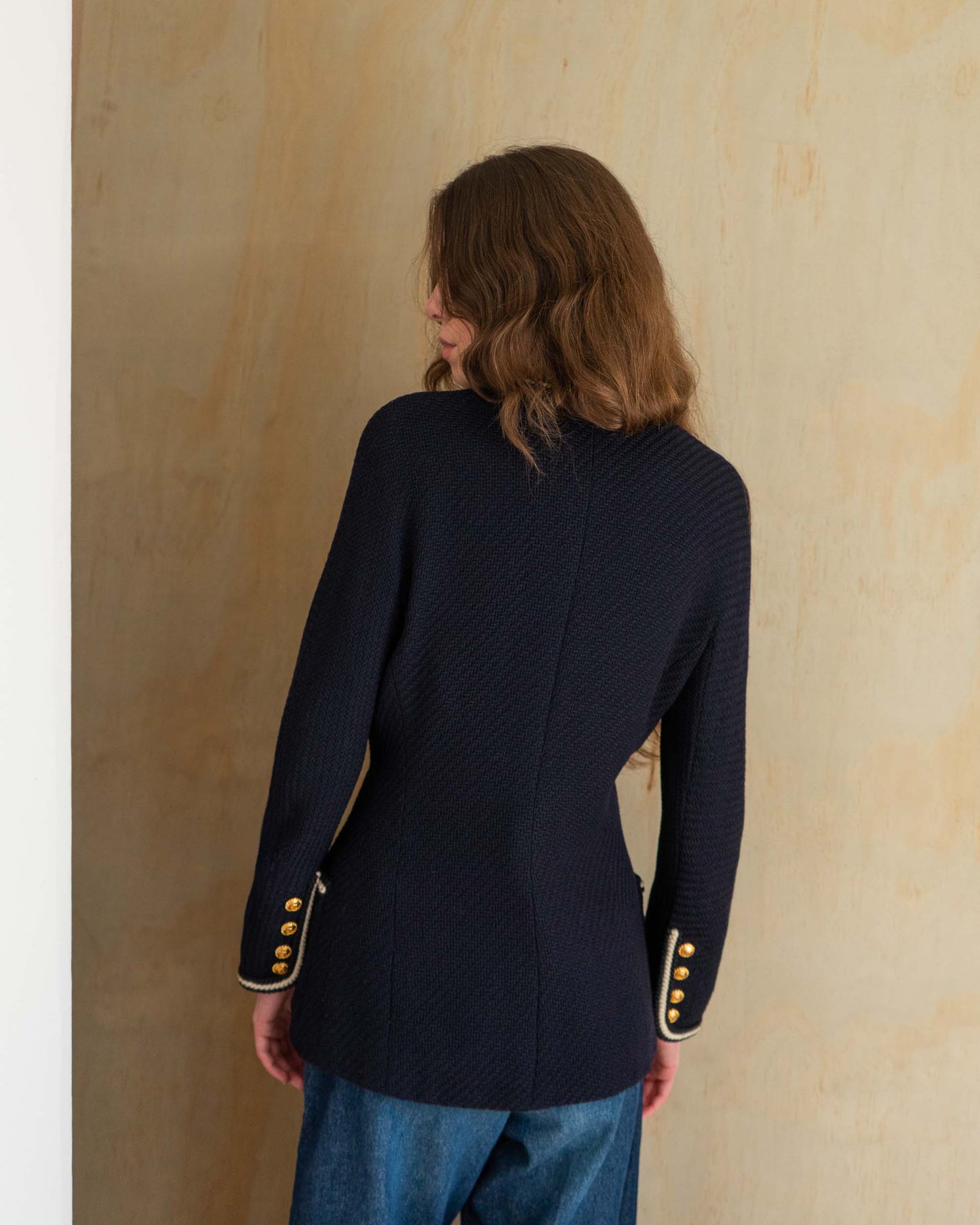 FR38-40 Chanel Fall 1988 Double Breasted Contrasting Trim Dark Navy Wool Tweed Jacket