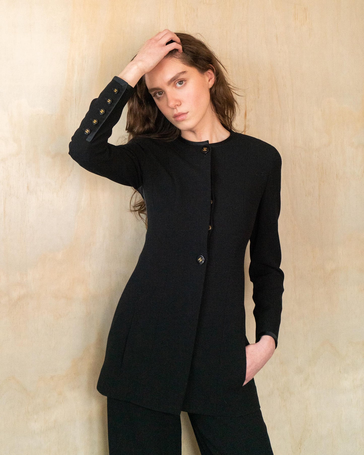 FR34 Rare Chanel Fall 1994 Long Cut Collarless Two Pocket Black Wool Jacket - Vintage Chanel Jacket - - Rarchive.