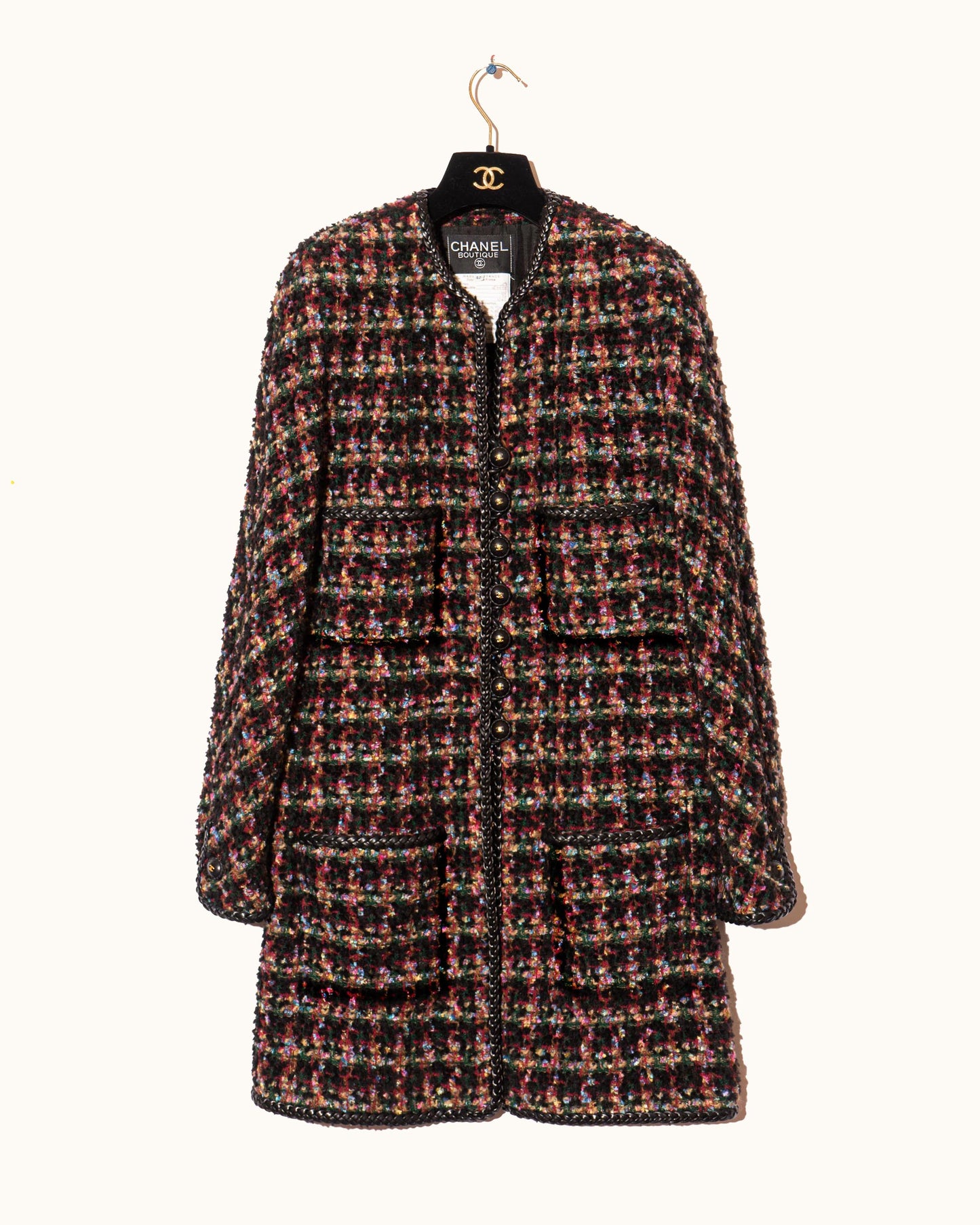 FR38-40 Rare Chanel Fall 1992 Four Pocket Leather Trim Fantasy Tweed Coat - Vintage Chanel Jacket - Jacket - Rarchive.