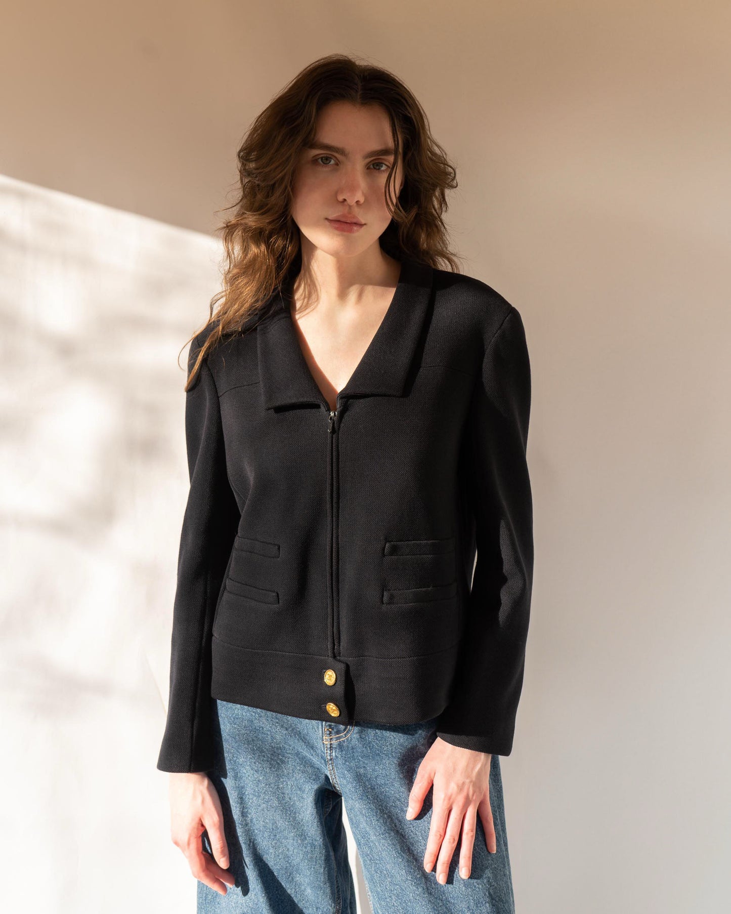 FR40-44 Fall 2001 Cotton Blend Zip Navy Jacket with Faux Pockets & Chain Hem