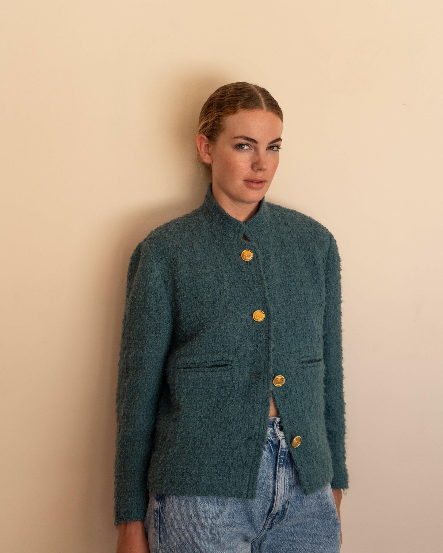 FR40-42 Chanel Mid-1980s Two-Pocketed Stand Up Collar Chanel No5 Bottle Button Details Teal Tweed Boucle Jacket - Vintage Chanel Jacket - - Rarchive.
