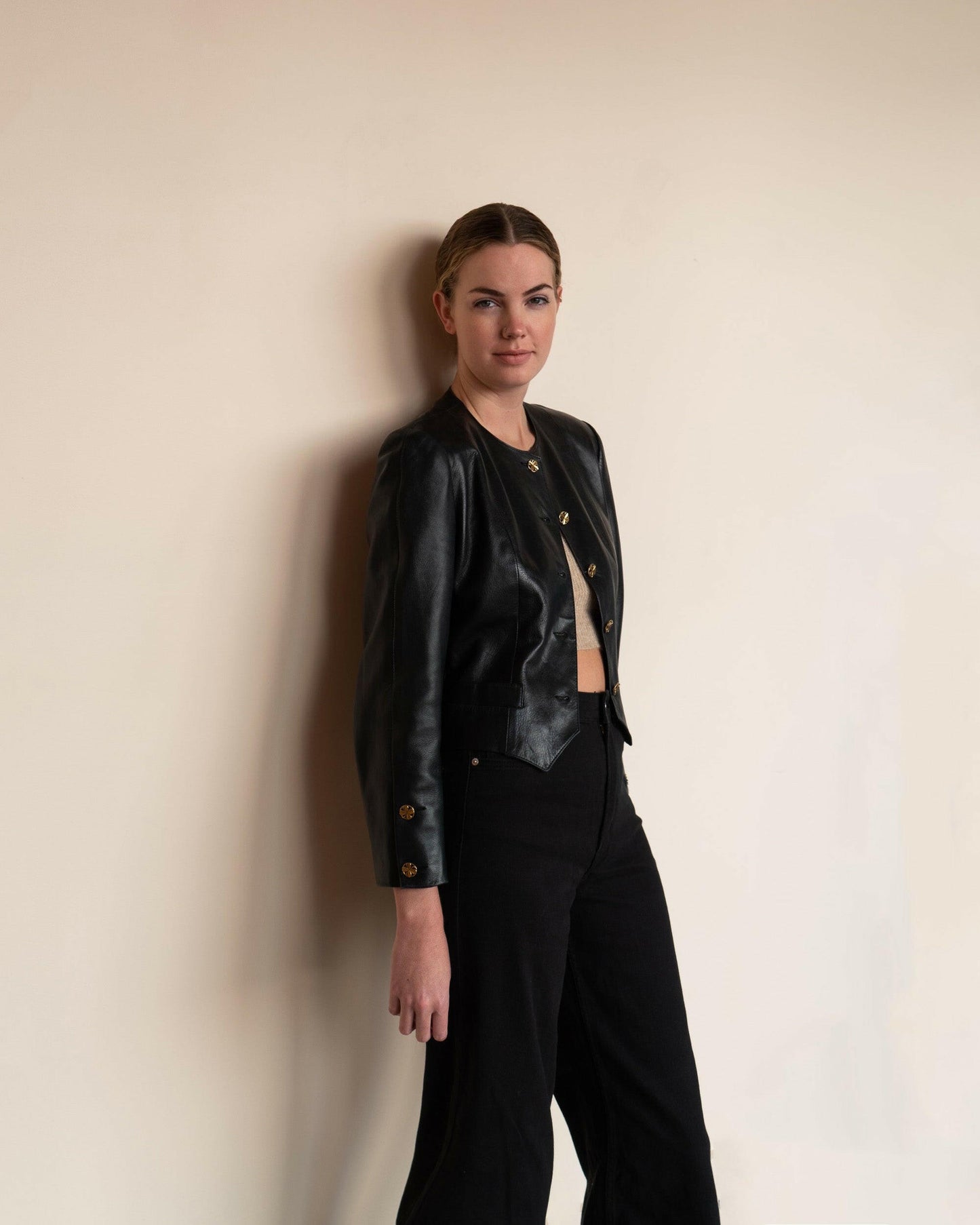 FR40-42 Chanel 1980s Colarless Two-Pocketed Black Leather Jacket - Vintage Chanel Jacket - - Rarchive.